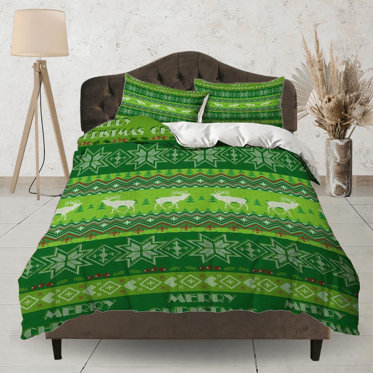 daintyduvet 1950s Christmas pattern green bedding & pillowcase holiday gift duvet cover king queen twin toddler bedding baby Christmas farmhouse decor