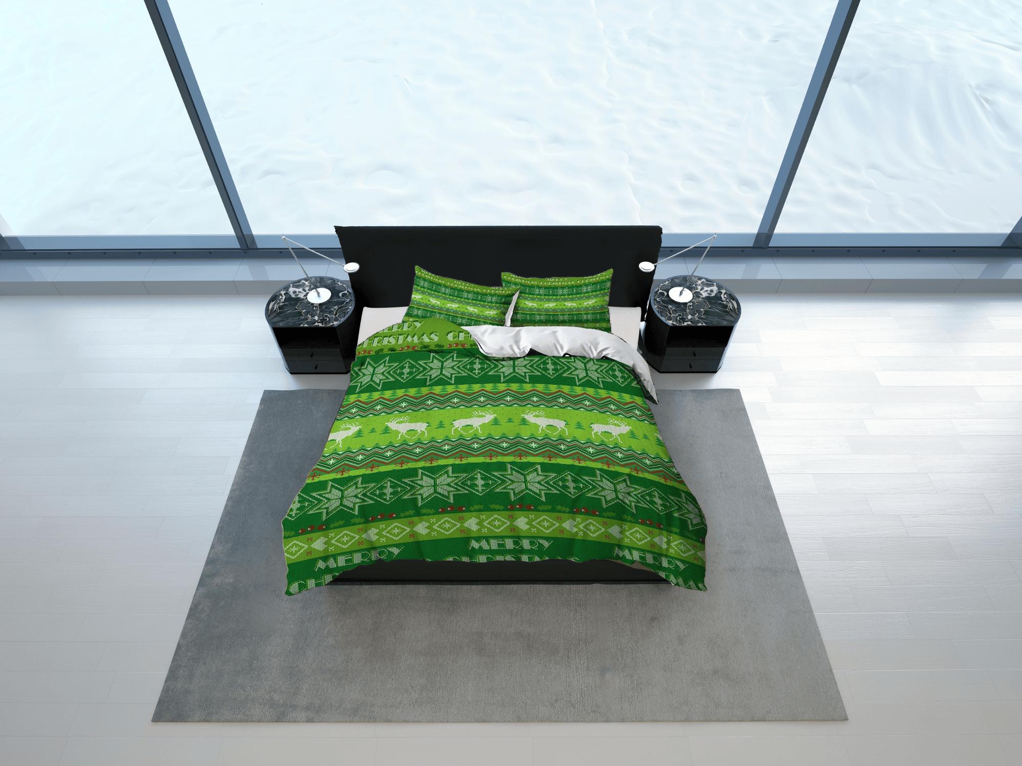 daintyduvet 1950s Christmas pattern green bedding & pillowcase holiday gift duvet cover king queen twin toddler bedding baby Christmas farmhouse decor