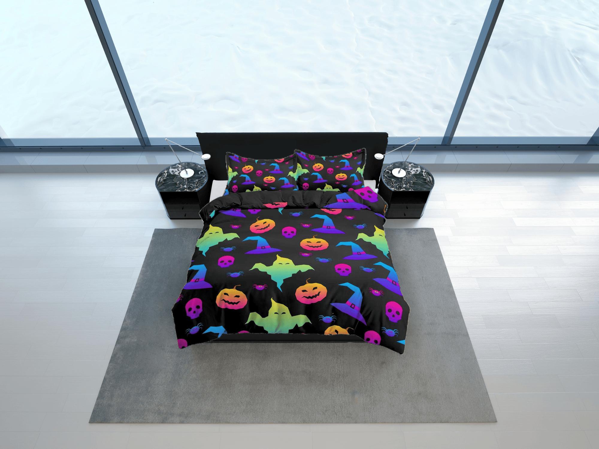 daintyduvet 90s neon retro halloween bedding & pillowcase, pumpkin duvet cover set dorm bedding halloween decor, nursery toddler bedding, halloween gift