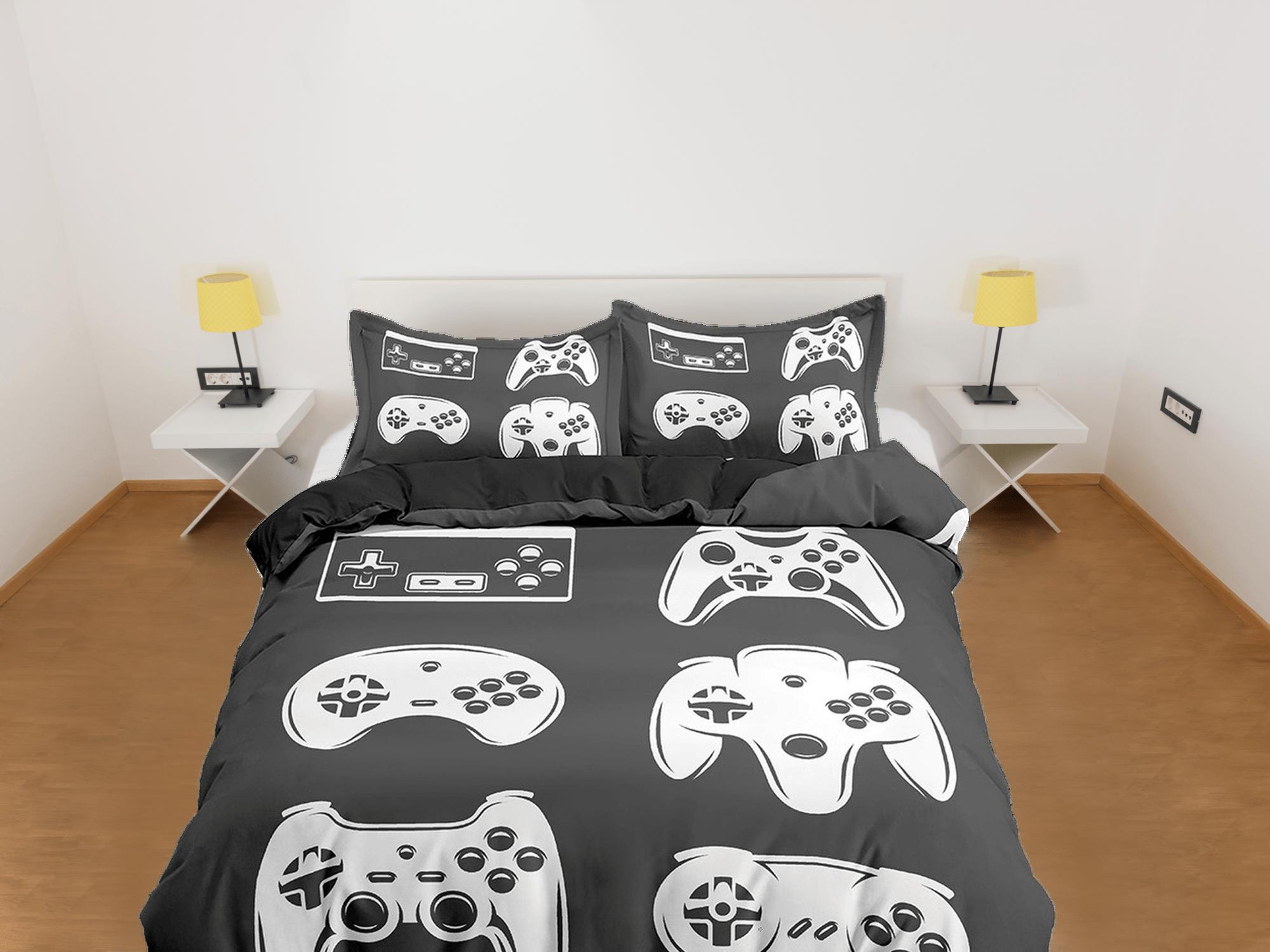daintyduvet 90s nostalgia gamer bedding black and white duvet cover, video gamer boyfriend gift bedding set full king queen, boys bedroom dorm bedding