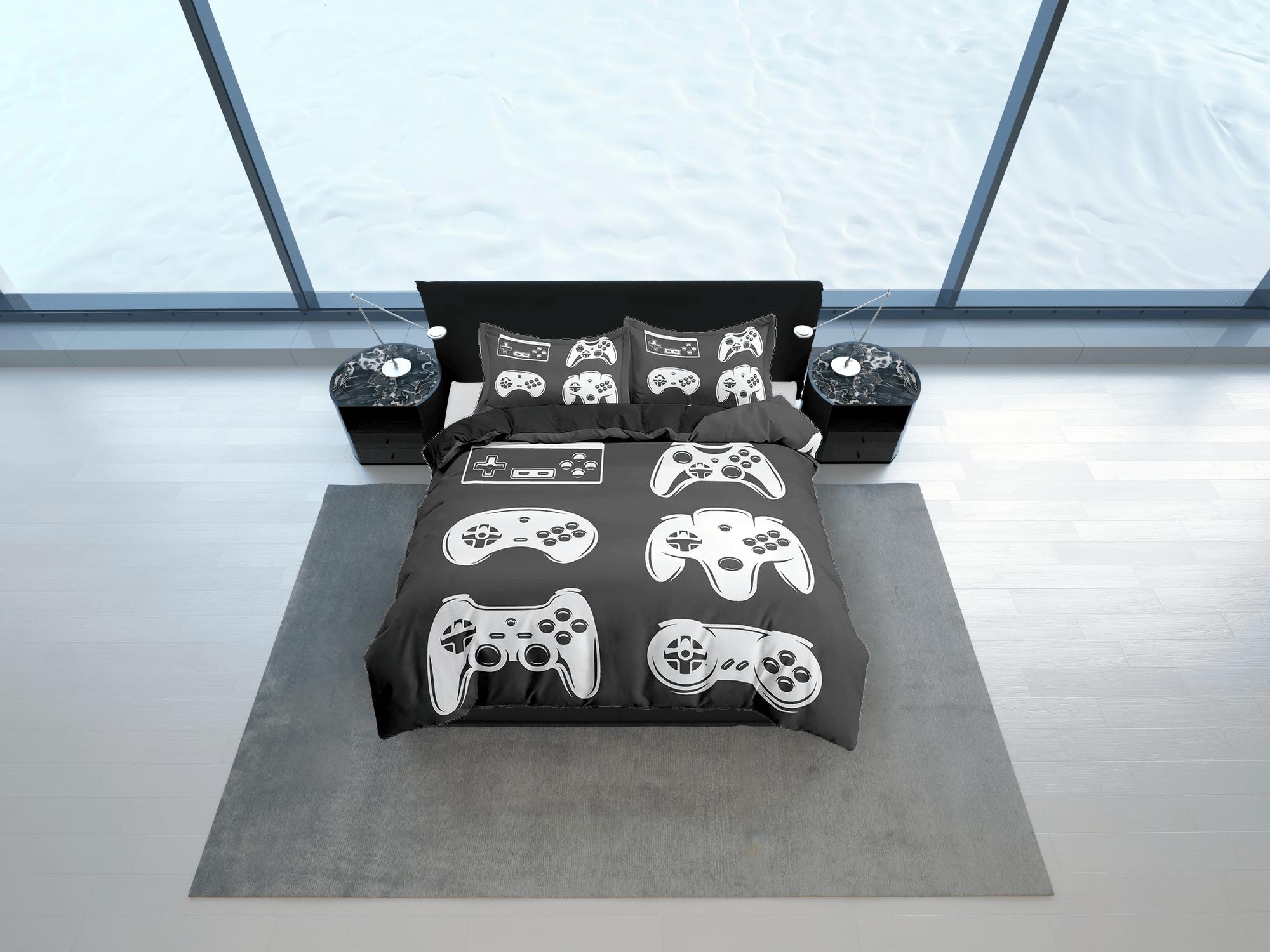 daintyduvet 90s nostalgia gamer bedding black and white duvet cover, video gamer boyfriend gift bedding set full king queen, boys bedroom dorm bedding