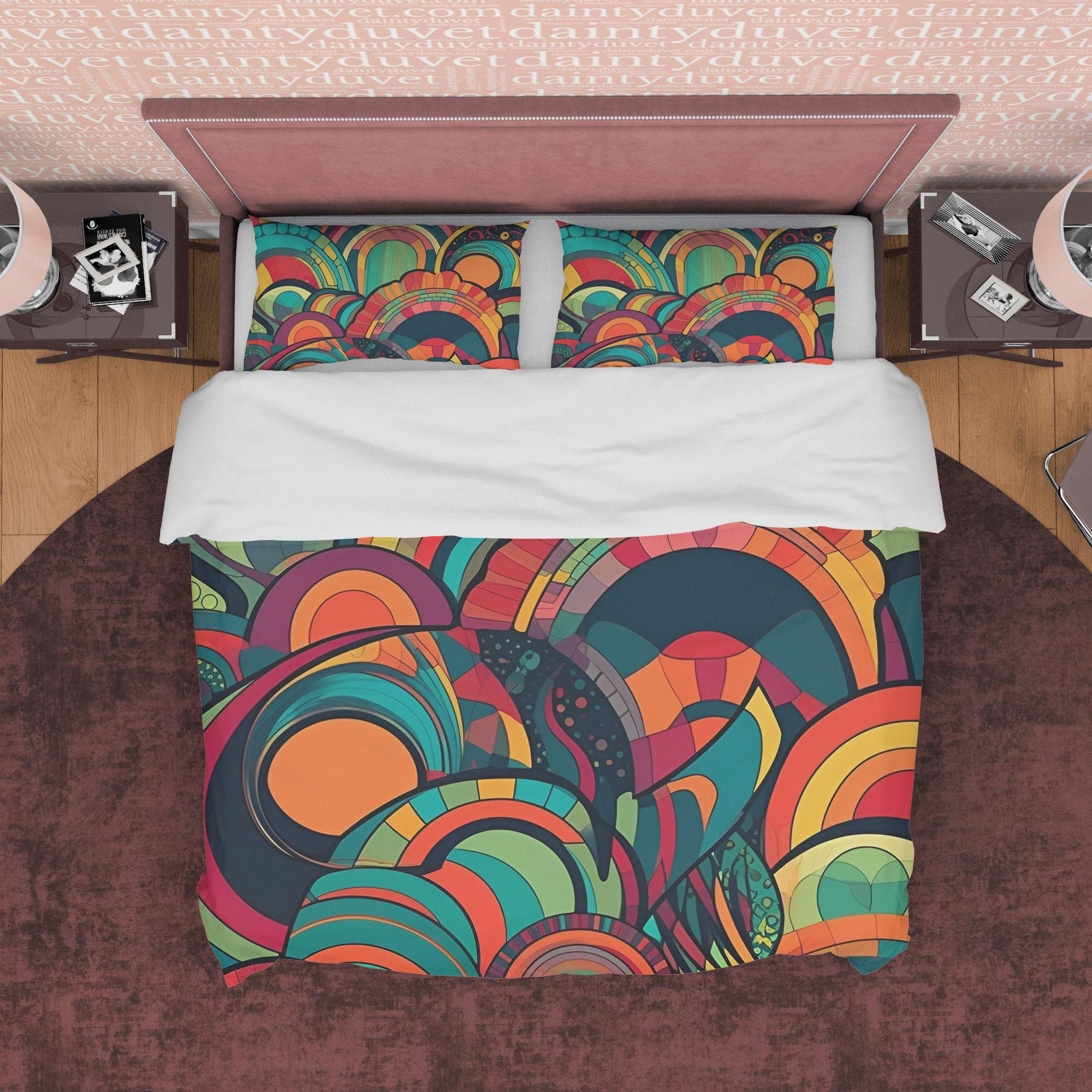 Abstract Design Duvet Cover Retro Bedding Set, Colorful Blanket Cover, 70's Nostalgia Quilt Cover, Unique Pattern Bedspread, Zipper Bedding