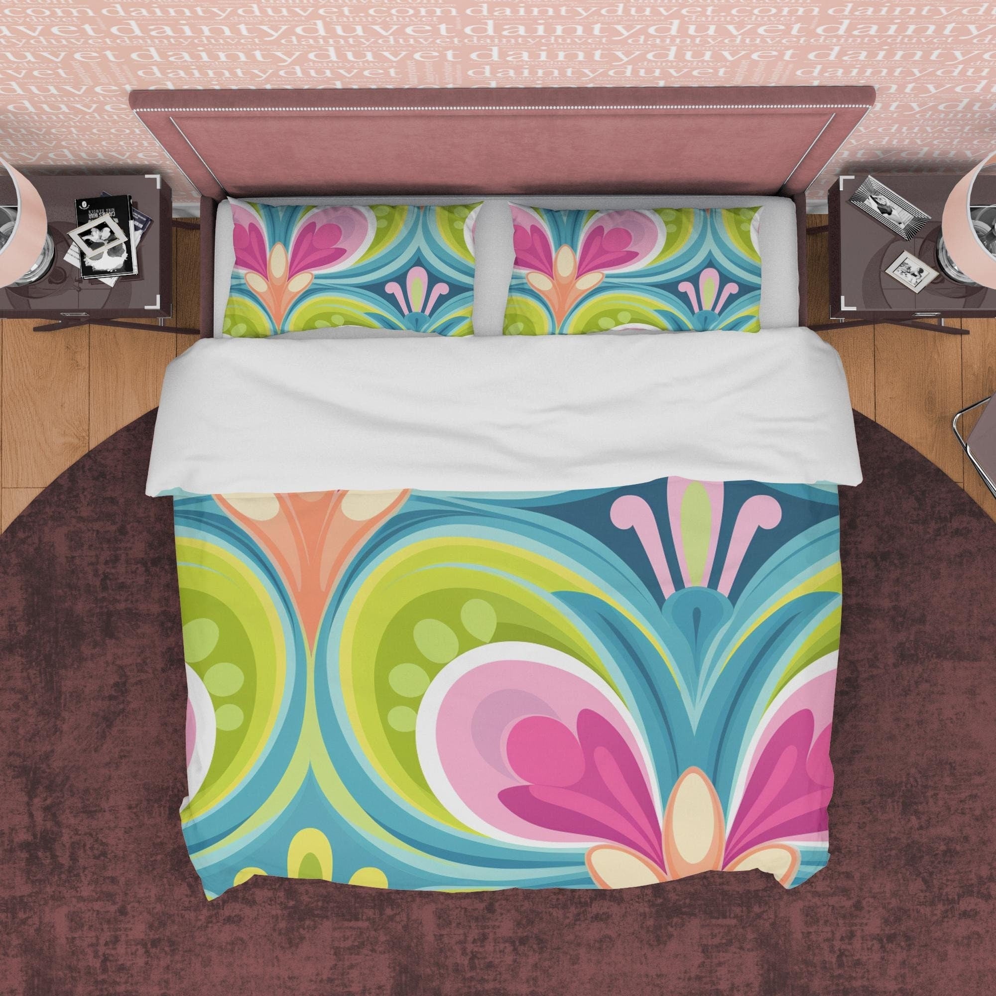 Abstract Heart Like Pattern Boho Bedding Colorful Duvet Cover Bohemian Bedroom Set, Floral Quilt Cover, Aesthetic Bedspread, Unique Bedding