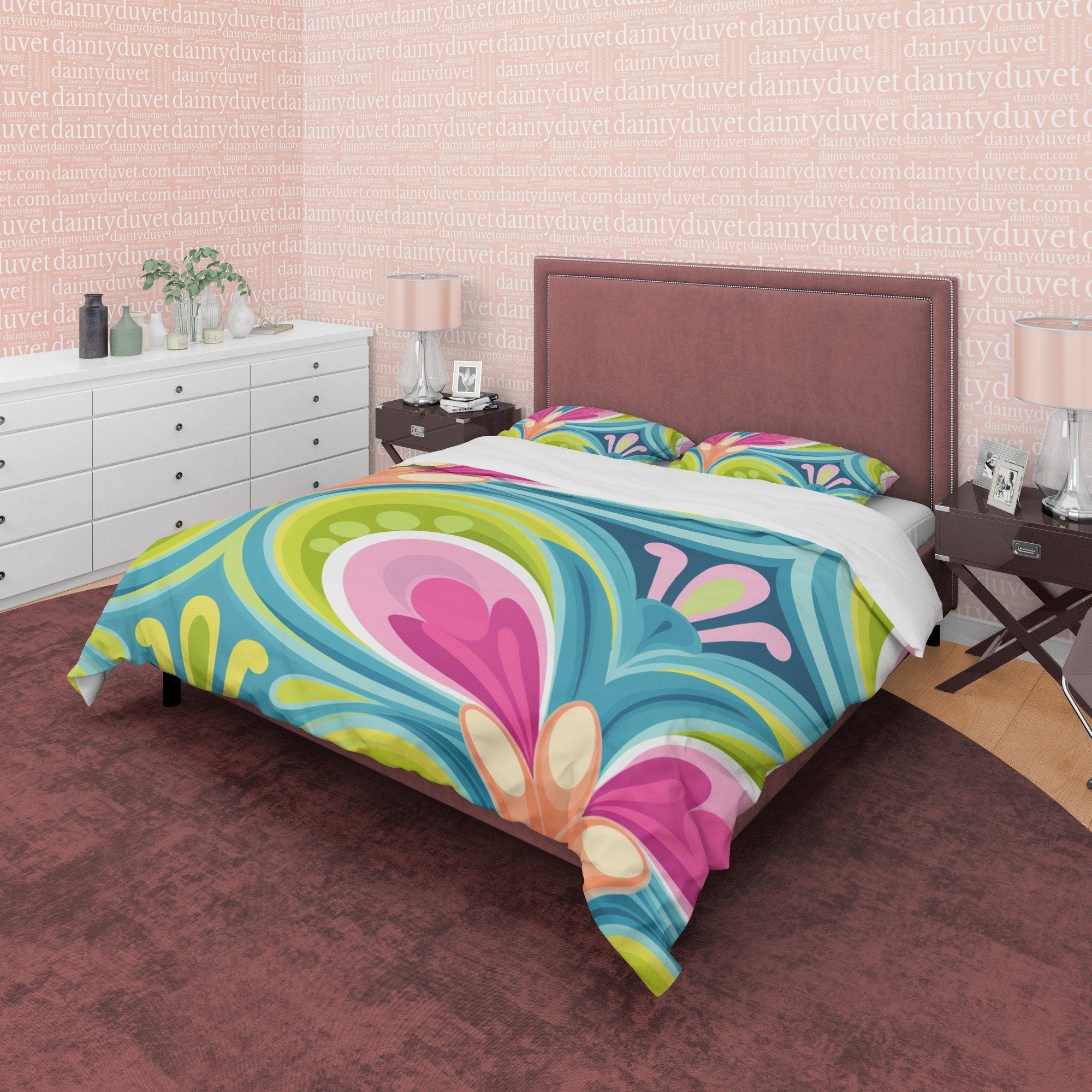 Abstract Heart Like Pattern Boho Bedding Colorful Duvet Cover Bohemian Bedroom Set, Floral Quilt Cover, Aesthetic Bedspread, Unique Bedding