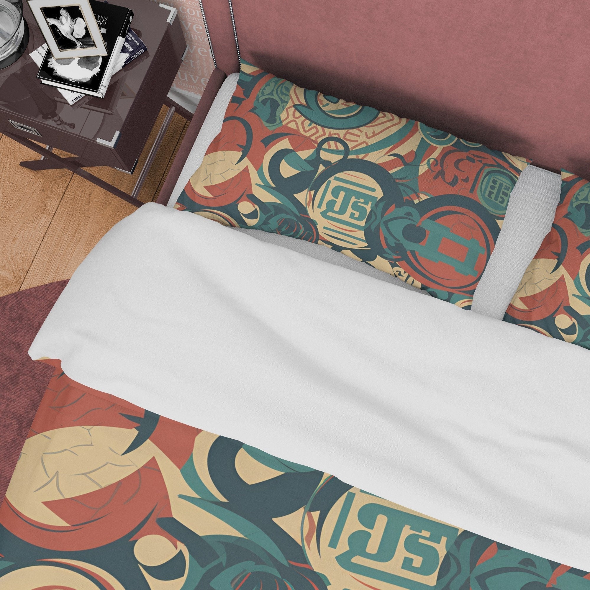 Abstract Retro Bedding Set, 70s Nostalgia Duvet Cover, Green Quilt Cover, Geometric Bedspread, Unique Bed Cover, Zipper Bedding