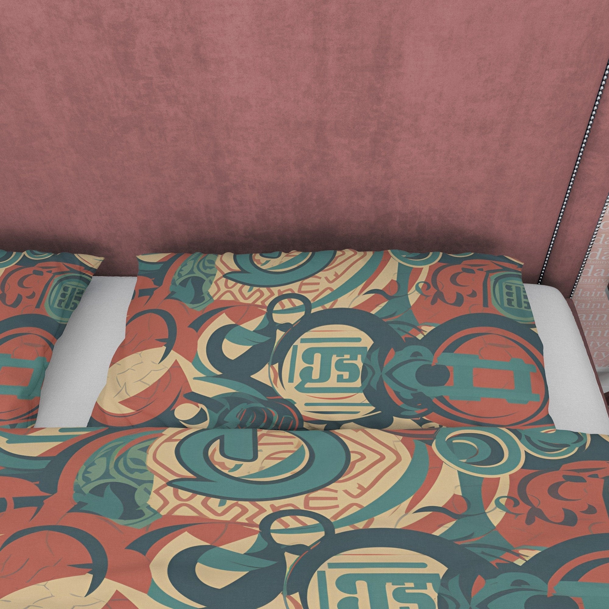 Abstract Retro Bedding Set, 70s Nostalgia Duvet Cover, Green Quilt Cover, Geometric Bedspread, Unique Bed Cover, Zipper Bedding