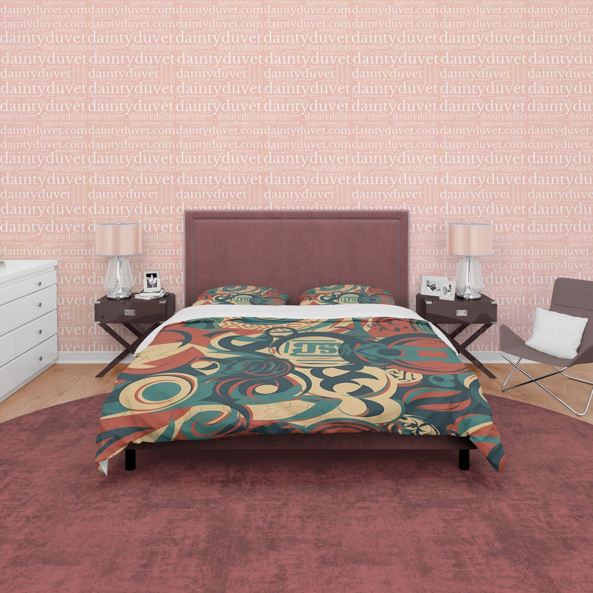 Abstract Retro Bedding Set, 70s Nostalgia Duvet Cover, Green Quilt Cover, Geometric Bedspread, Unique Bed Cover, Zipper Bedding