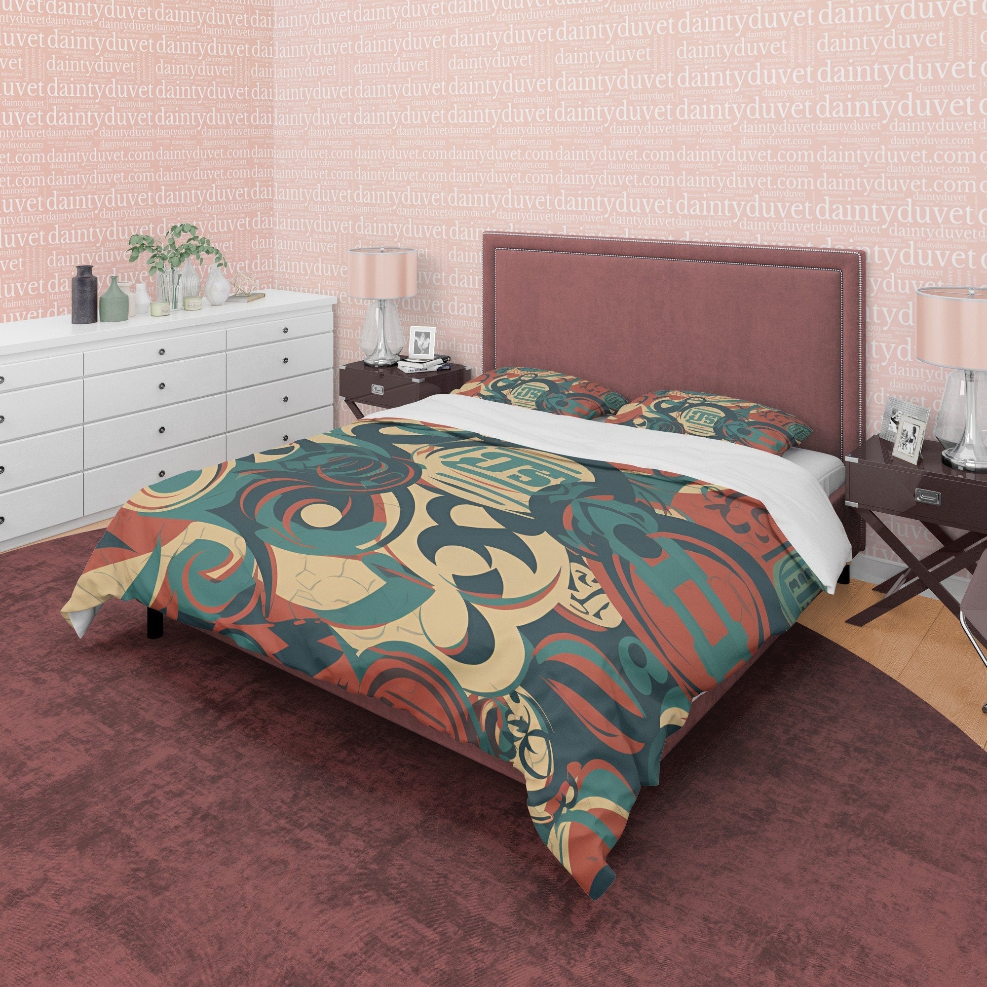 Abstract Retro Bedding Set, 70s Nostalgia Duvet Cover, Green Quilt Cover, Geometric Bedspread, Unique Bed Cover, Zipper Bedding