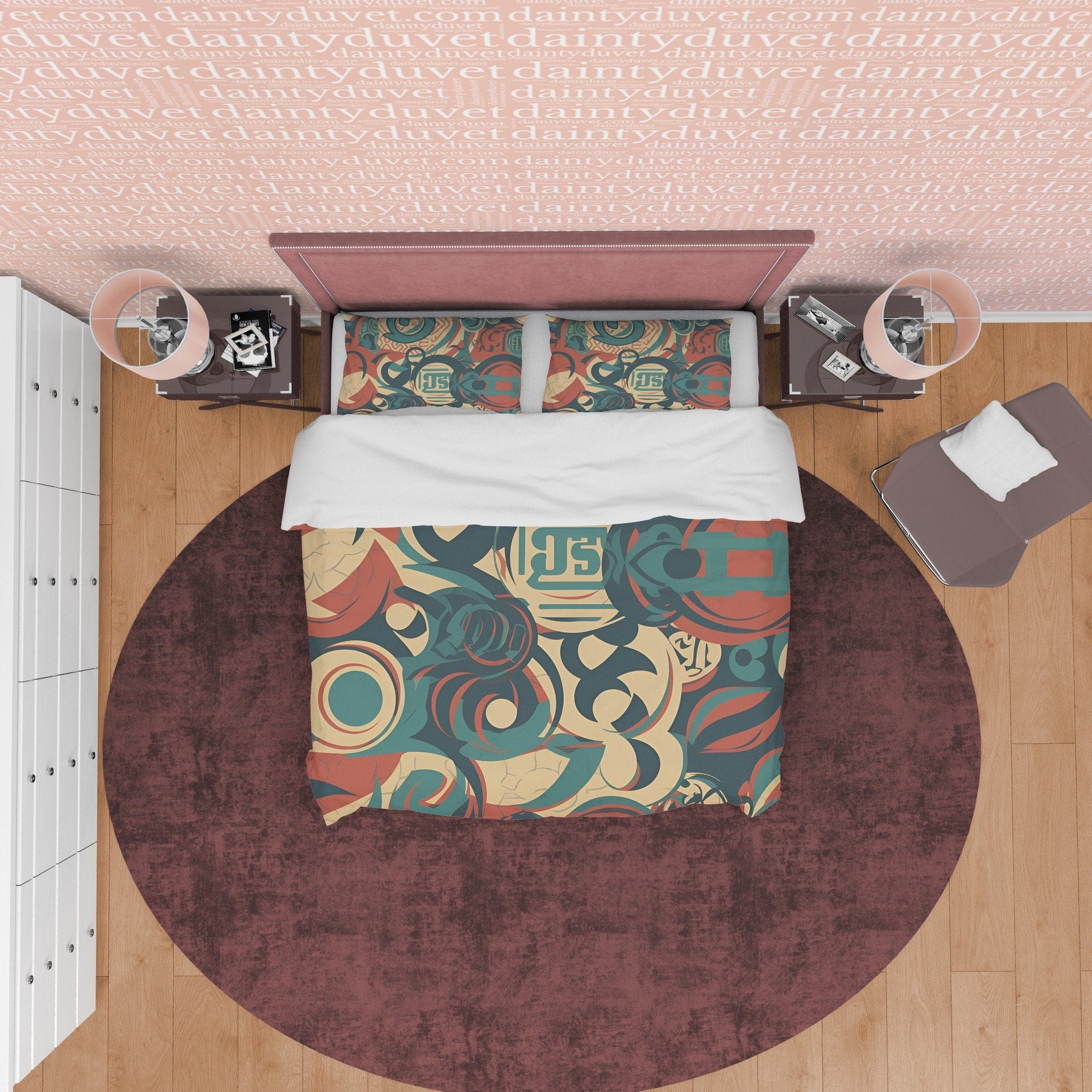 Abstract Retro Bedding Set, 70s Nostalgia Duvet Cover, Green Quilt Cover, Geometric Bedspread, Unique Bed Cover, Zipper Bedding