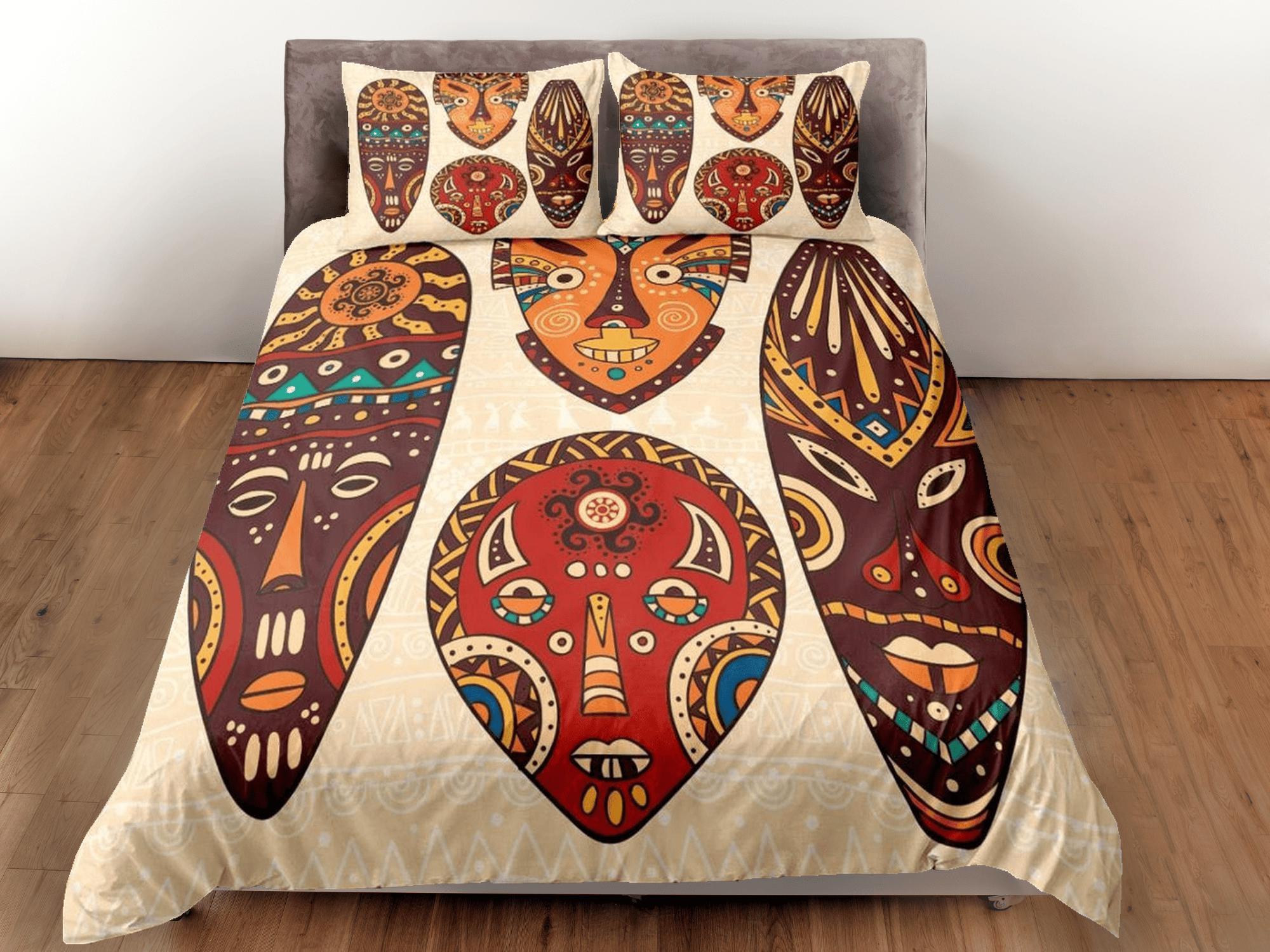daintyduvet African tribal masks beige bedding set duvet cover, boho bedding set african ethnic designs afrocentric designer bedding, south african gift