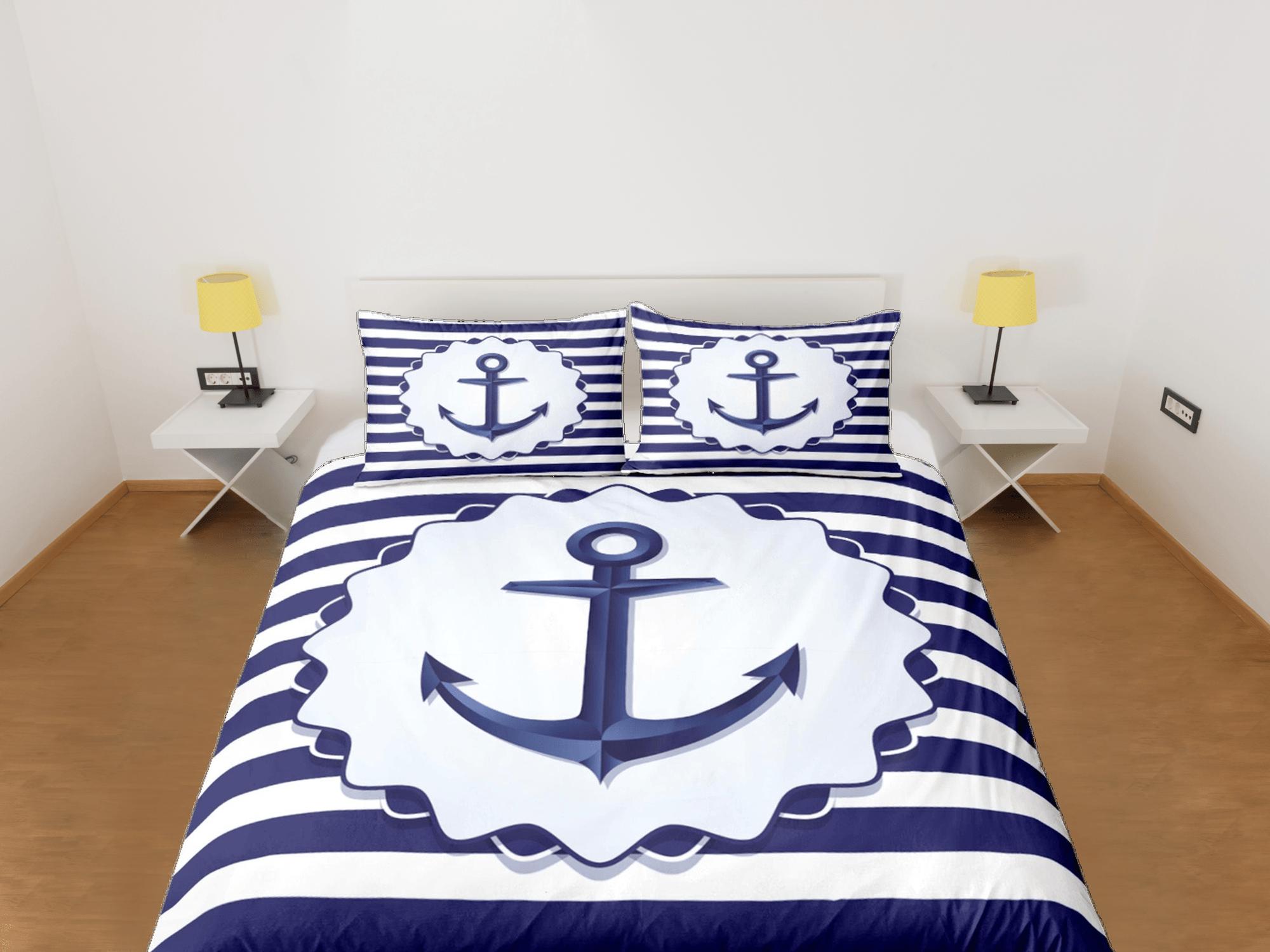 daintyduvet Anchor in blue stripe nautical duvet cover coastal grandma bedding set full queen king, aesthetic beach room decor, ocean lover gift seaman