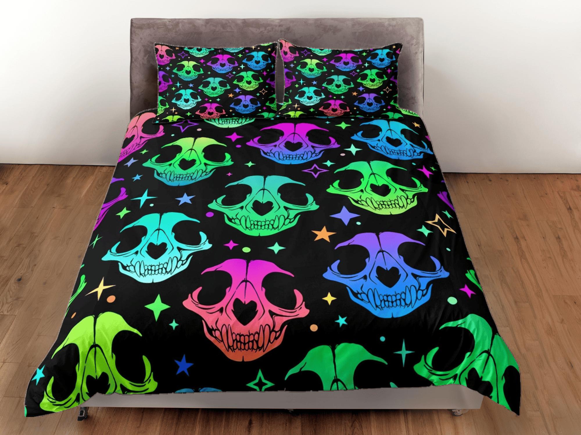 daintyduvet Animal skull 90s neon halloween bedding hippie retro duvet cover set, colorful dorm bedding, teens bedroom, adult duvet, toddler bedding
