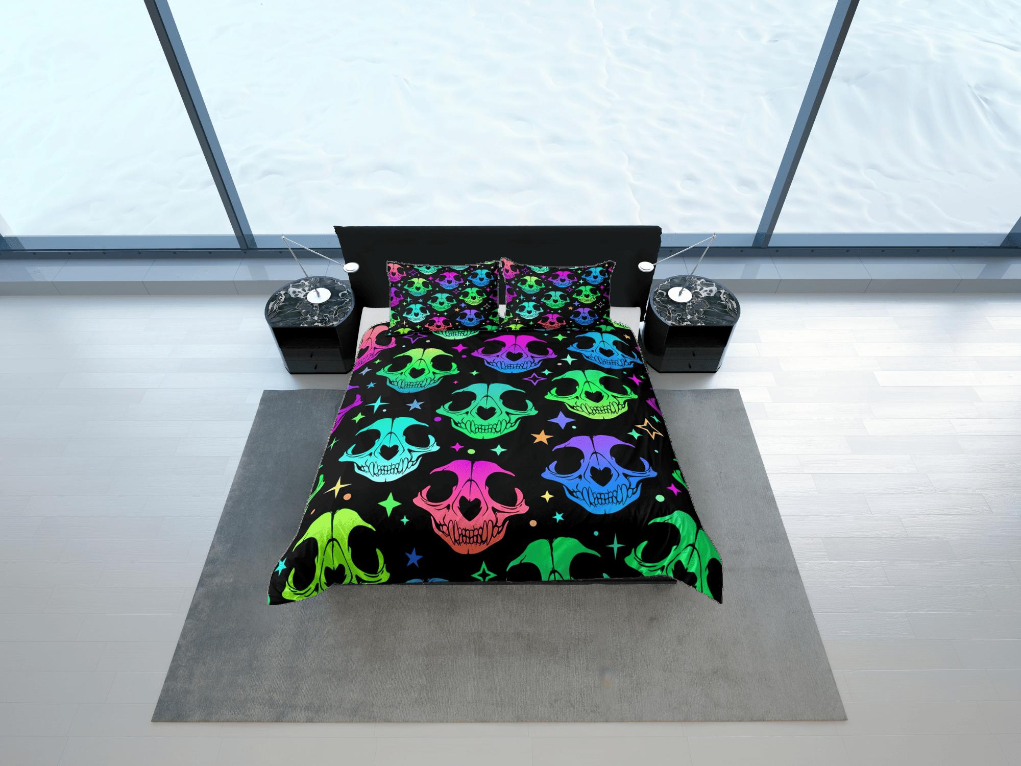 daintyduvet Animal skull 90s neon halloween bedding hippie retro duvet cover set, colorful dorm bedding, teens bedroom, adult duvet, toddler bedding