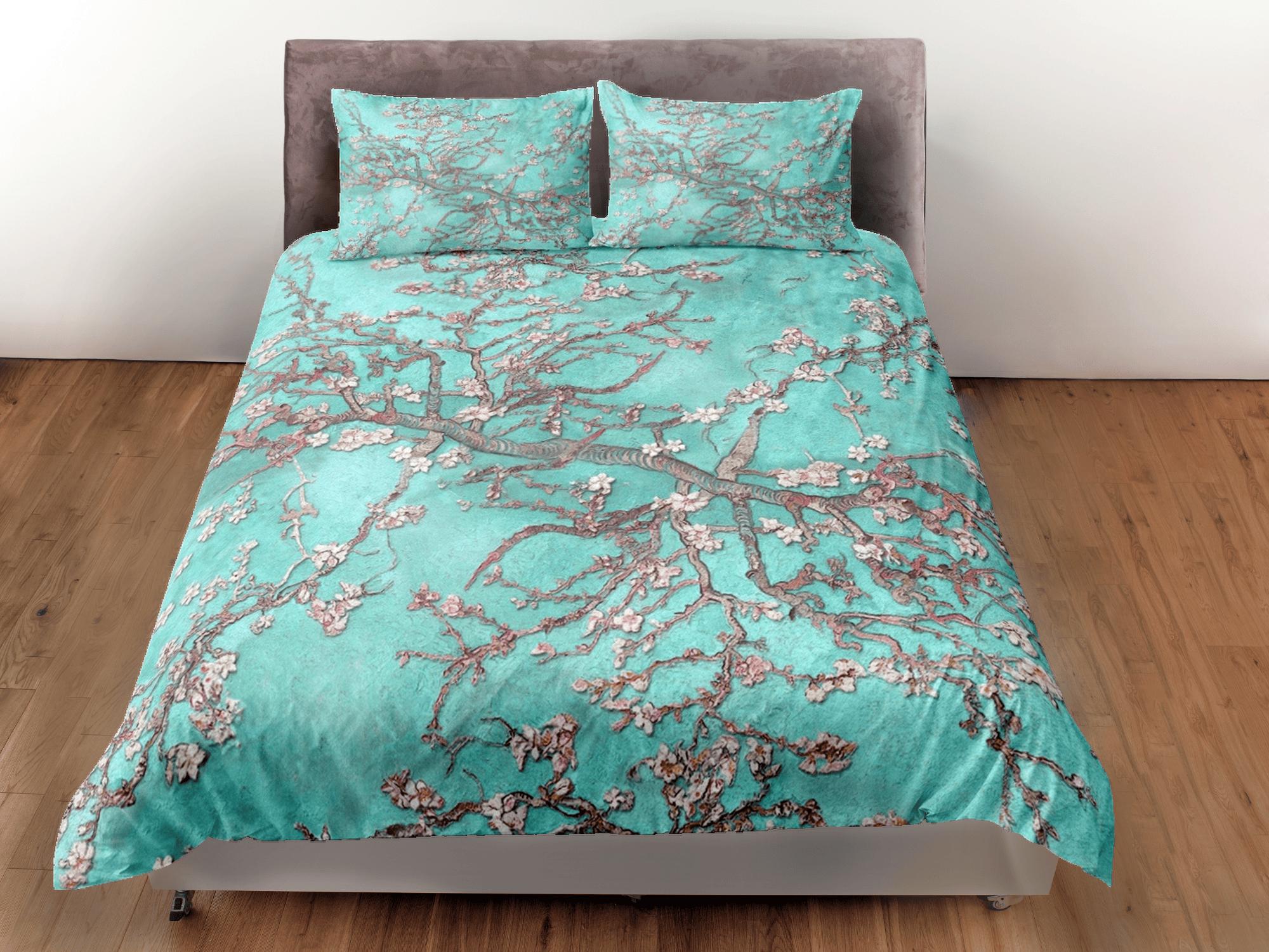 daintyduvet Aqua sea green bedding cherry blossom floral prints duvet cover queen, king, boho bedding designer bedspread full size bedding aesthetic