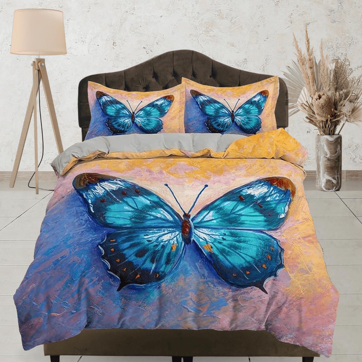 daintyduvet Artistic blue butterfly bedding boho chic aesthetic yellow orange duvet cover, dorm bedding full size duvet king queen twin, nursery toddler