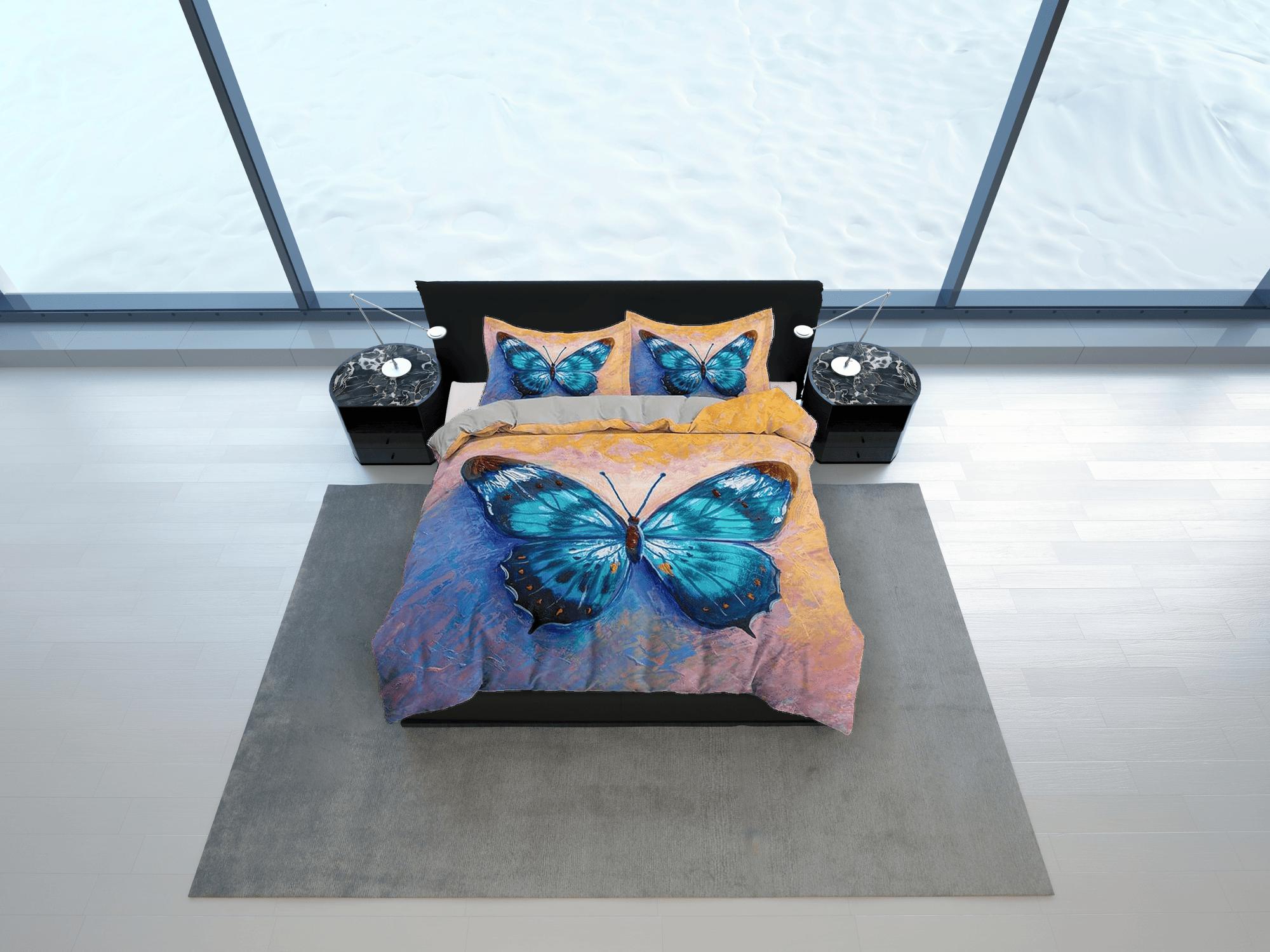 daintyduvet Artistic blue butterfly bedding boho chic aesthetic yellow orange duvet cover, dorm bedding full size duvet king queen twin, nursery toddler