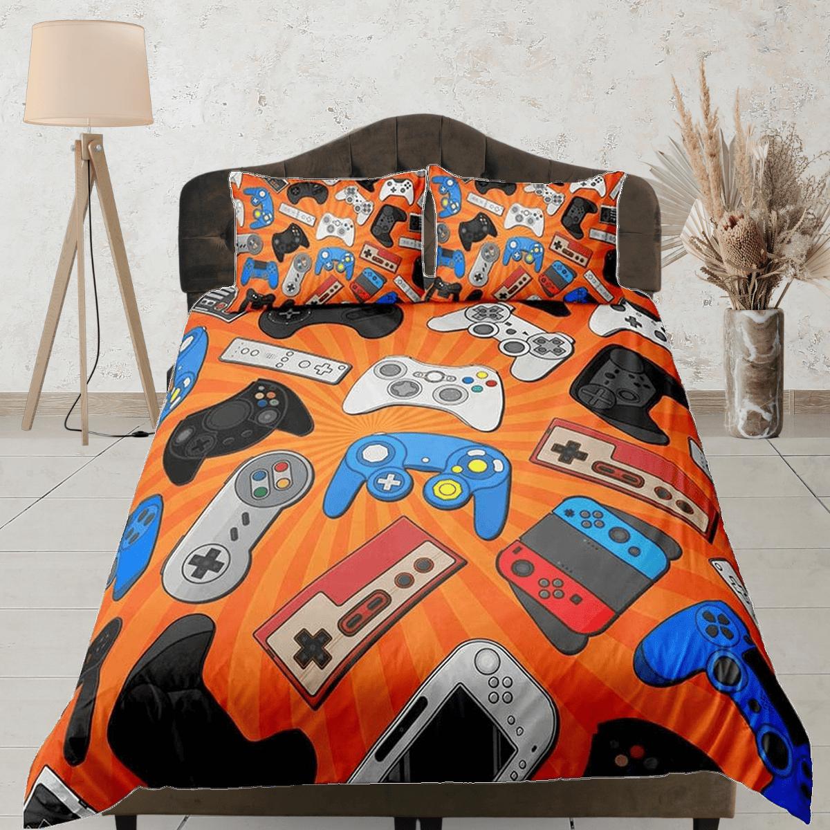 daintyduvet Assorted controllers gamer bedding orange duvet cover, video gamer boyfriend gift bedding set full king queen twin boys bedroom dorm bedding