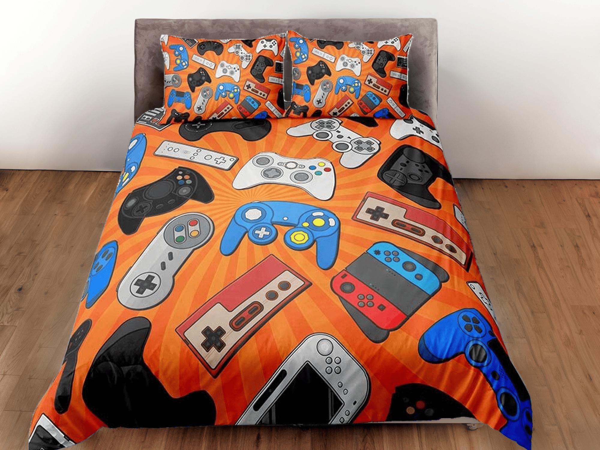 daintyduvet Assorted controllers gamer bedding orange duvet cover, video gamer boyfriend gift bedding set full king queen twin boys bedroom dorm bedding