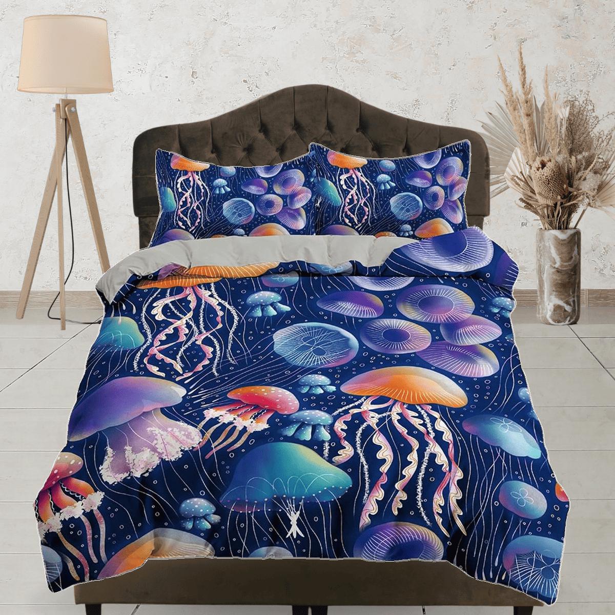 daintyduvet Assorted jellyfish bedding colorful duvet cover, ocean blush sea animal bedding set full king queen twin crib toddler, dorm bedding gift