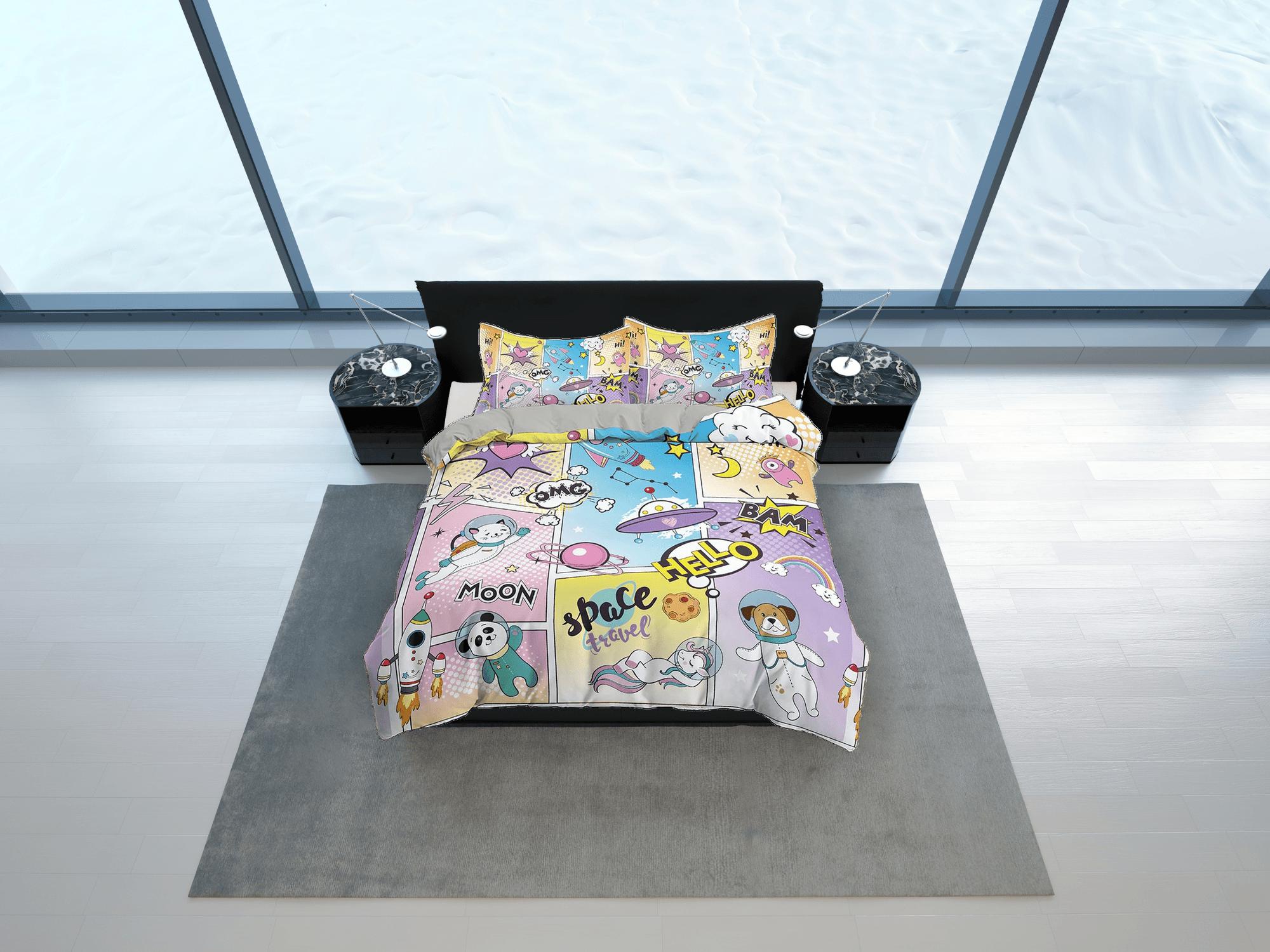 daintyduvet Astro panda and bear comics pastel colored toddler bedding, unique duvet cover kids, crib bedding, baby zipper bedding, king queen full twin