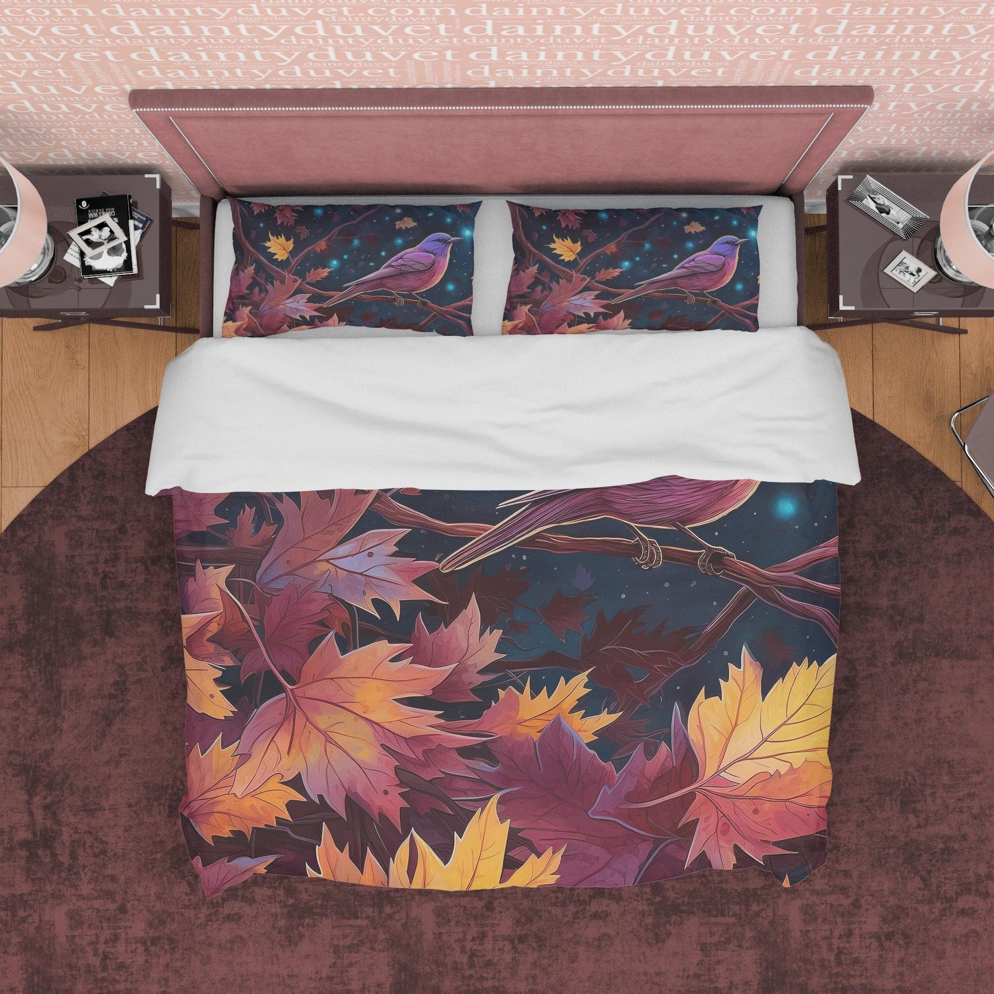 Autumn Leaf Retro Duvet Cover, Midnight Bird Quilt Cover Bedding Set, Falling Leaf Pattern Bedspread, Vintage Bed Cover, Zipper Bedding