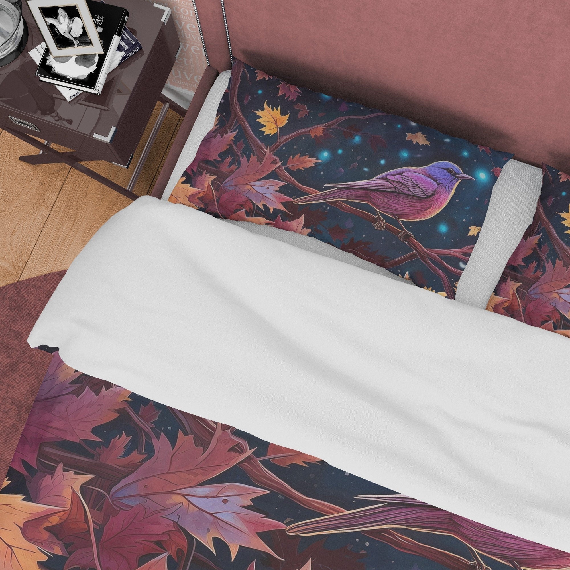 Autumn Leaf Retro Duvet Cover, Midnight Bird Quilt Cover Bedding Set, Falling Leaf Pattern Bedspread, Vintage Bed Cover, Zipper Bedding