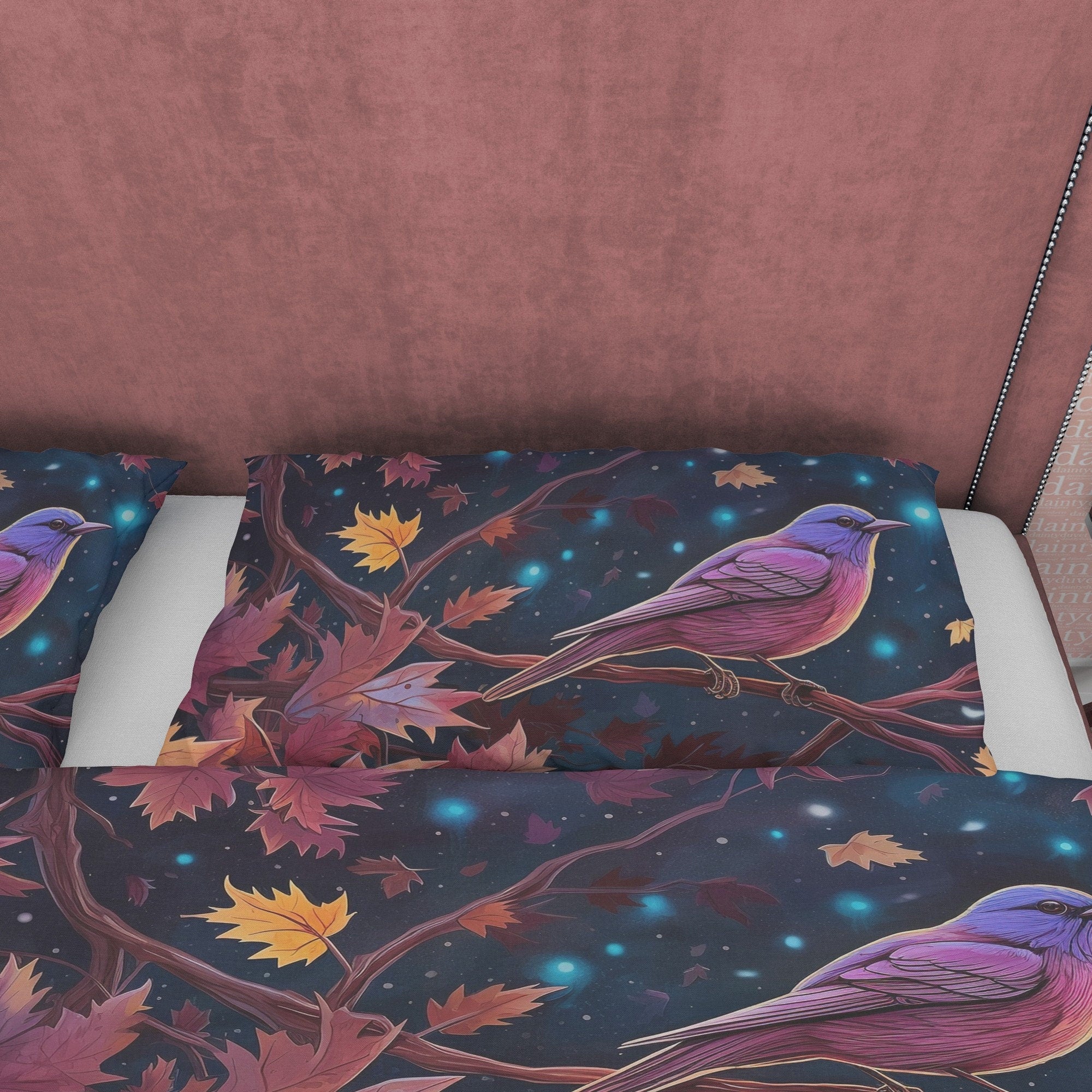 Autumn Leaf Retro Duvet Cover, Midnight Bird Quilt Cover Bedding Set, Falling Leaf Pattern Bedspread, Vintage Bed Cover, Zipper Bedding