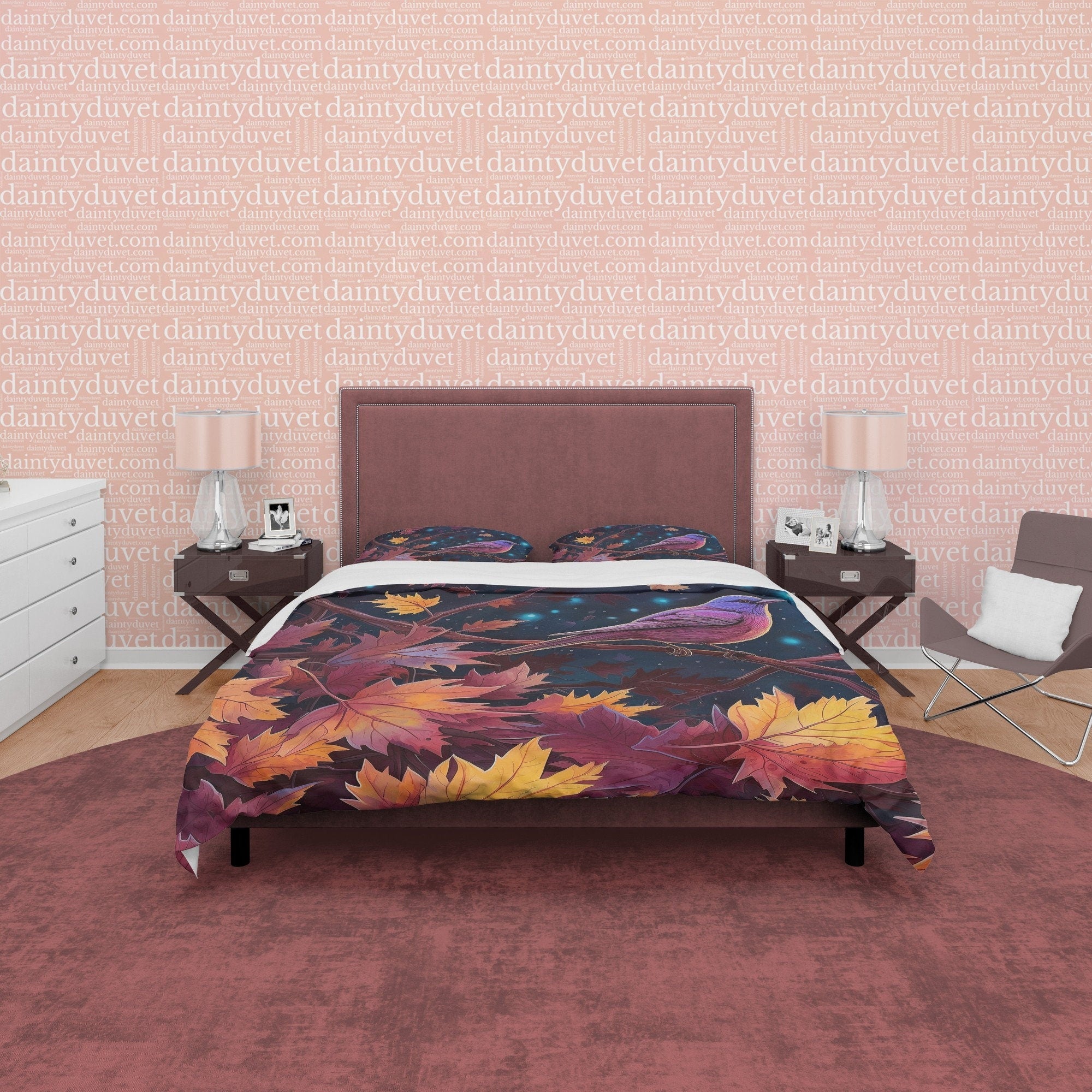 Autumn Leaf Retro Duvet Cover, Midnight Bird Quilt Cover Bedding Set, Falling Leaf Pattern Bedspread, Vintage Bed Cover, Zipper Bedding