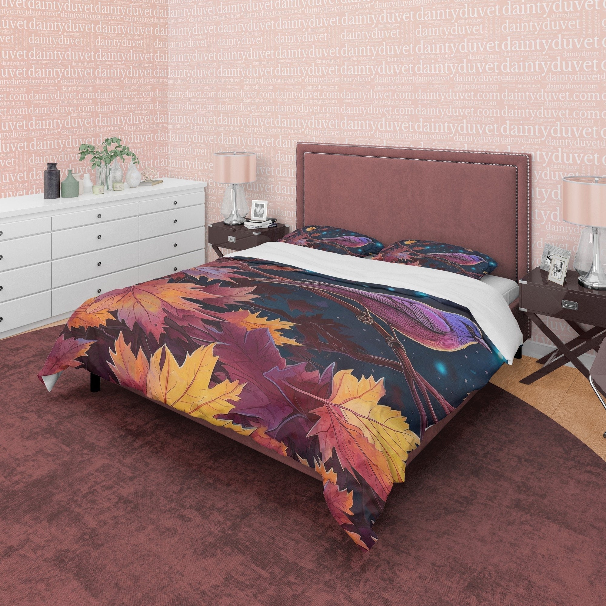 Autumn Leaf Retro Duvet Cover, Midnight Bird Quilt Cover Bedding Set, Falling Leaf Pattern Bedspread, Vintage Bed Cover, Zipper Bedding