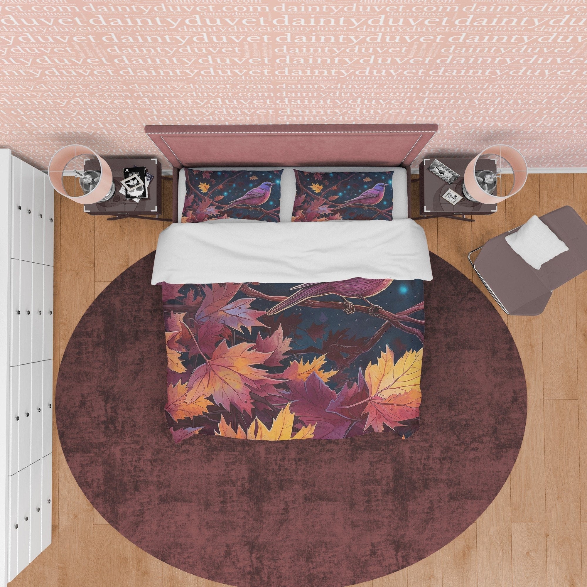 Autumn Leaf Retro Duvet Cover, Midnight Bird Quilt Cover Bedding Set, Falling Leaf Pattern Bedspread, Vintage Bed Cover, Zipper Bedding