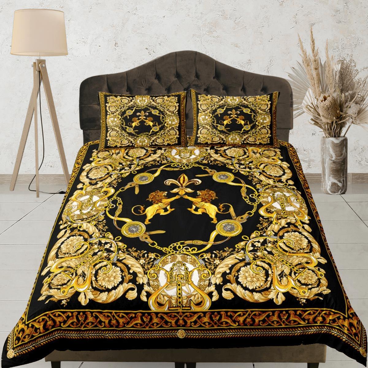 daintyduvet Baroque Black Gold Lion Luxury Duvet Cover Aesthetic Bedding Set Full Victorian Decor