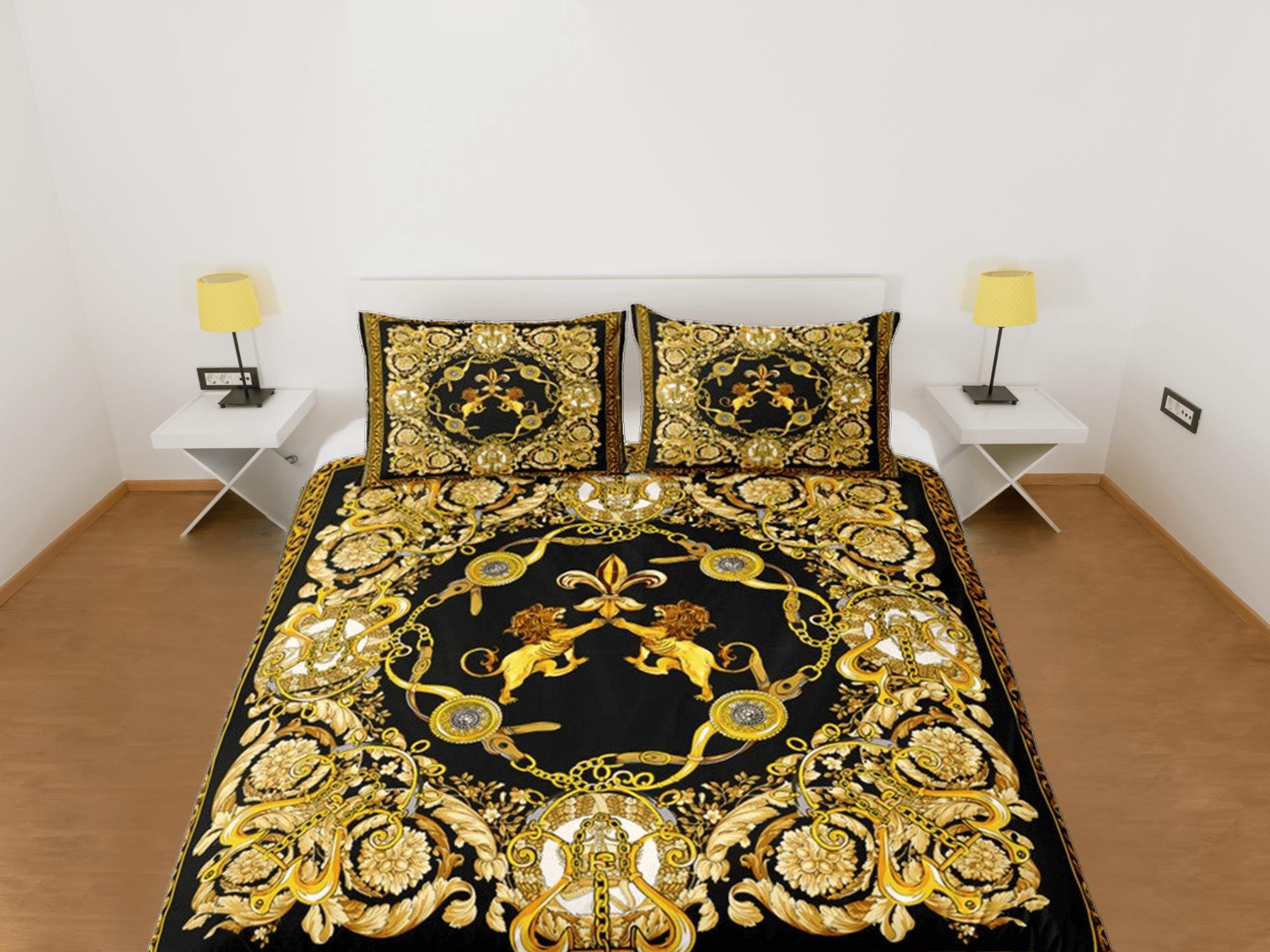 daintyduvet Baroque Black Gold Lion Luxury Duvet Cover Aesthetic Bedding Set Full Victorian Decor