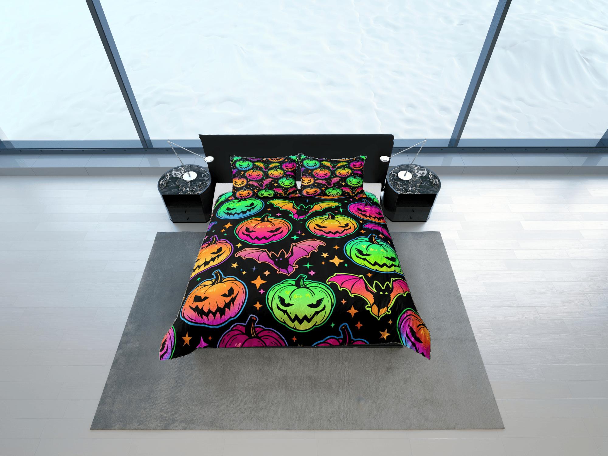daintyduvet Bat and pumpkin 90s neon halloween bedding hippie retro duvet cover set, colorful dorm bedding, teens bedroom, adult duvet, toddler bedding