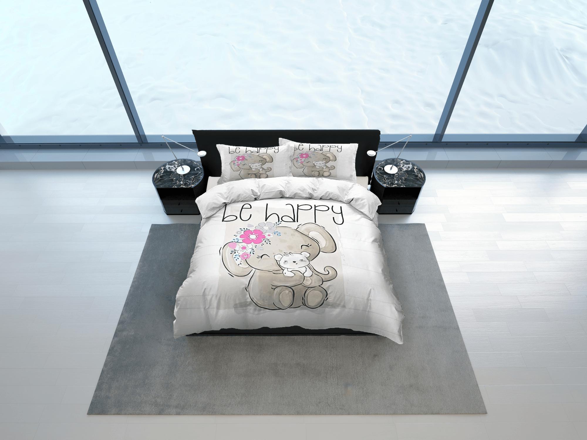 daintyduvet Be happy elephant holding puppy bedding cute duvet cover set, kids bedding full, nursery bed decor, elephant baby shower, toddler bedding