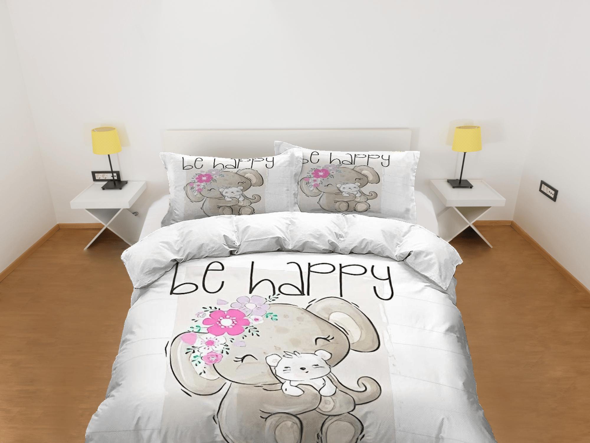 daintyduvet Be happy elephant holding puppy bedding cute duvet cover set, kids bedding full, nursery bed decor, elephant baby shower, toddler bedding