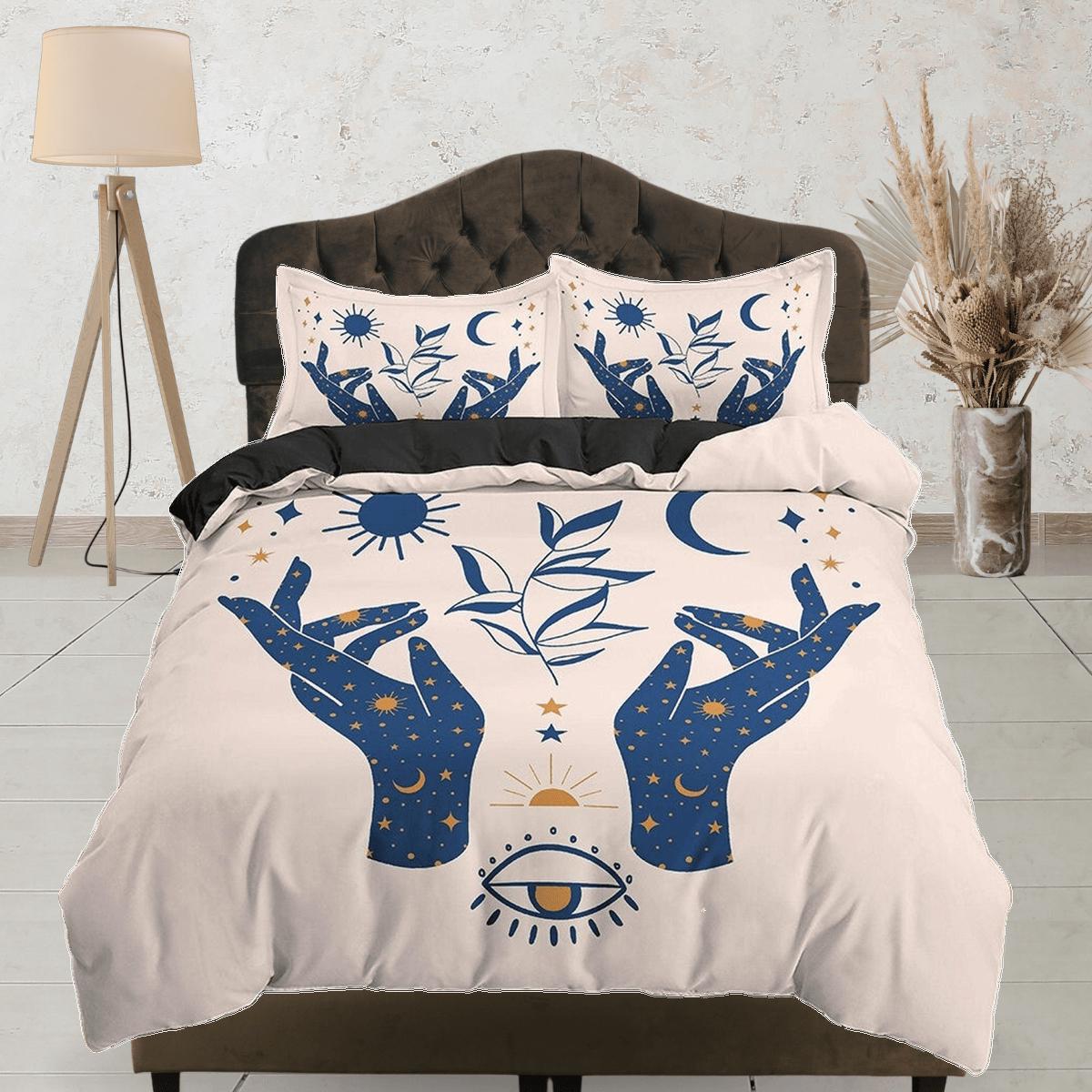 daintyduvet Beige Boho Bedding with Celestial Art Design in Blue, Gothic Duvet Cover Set, Witchy Dorm Bedding, Aesthetic Duvet King Queen Full Twin