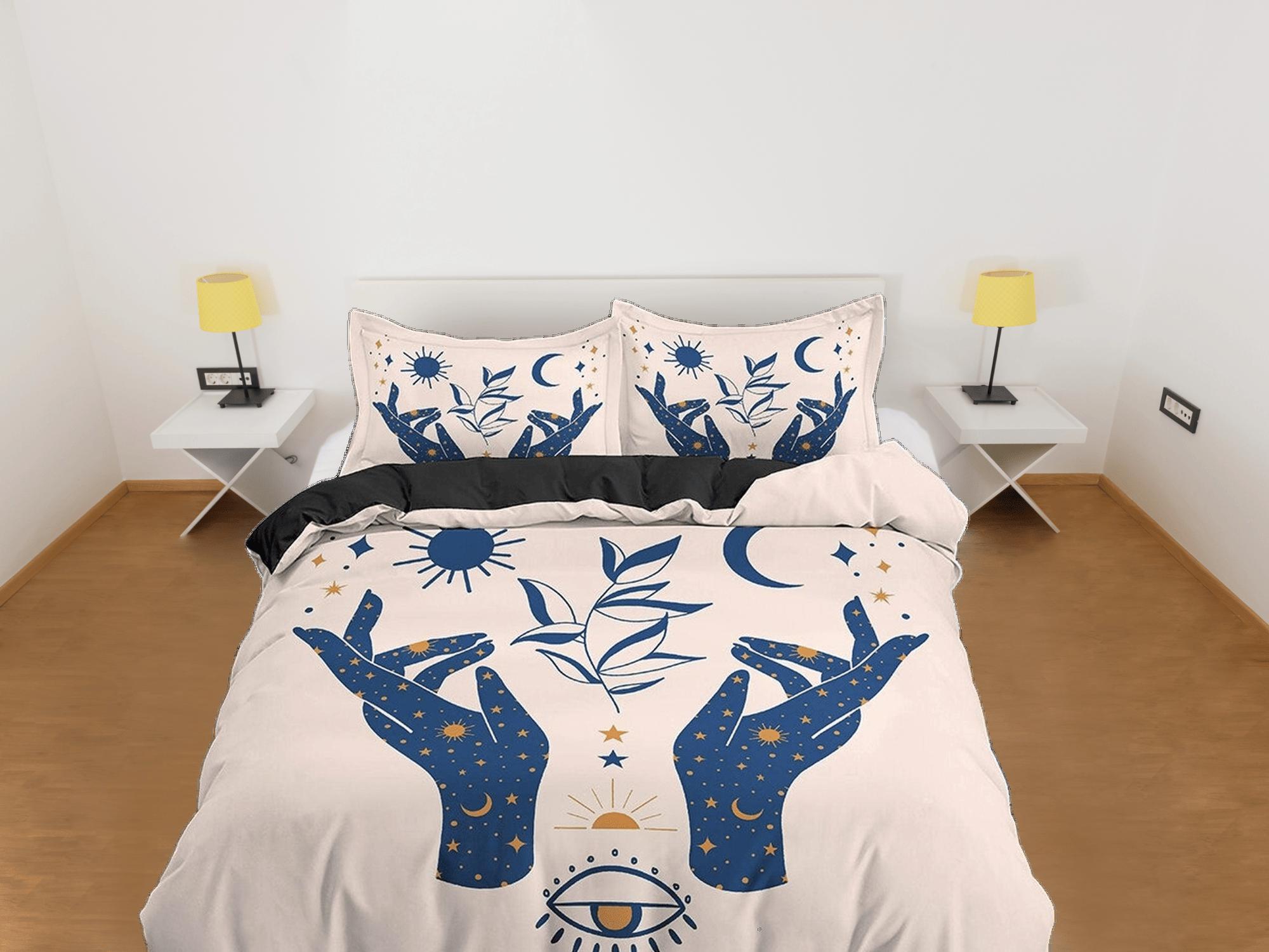 daintyduvet Beige Boho Bedding with Celestial Art Design in Blue, Gothic Duvet Cover Set, Witchy Dorm Bedding, Aesthetic Duvet King Queen Full Twin