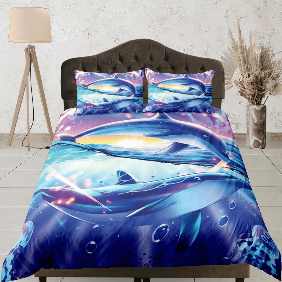 daintyduvet Big dolphin bedding purple duvet cover, ocean blush decor bottle nose dolphin bedding set full king queen twin, college dorm bedding gift