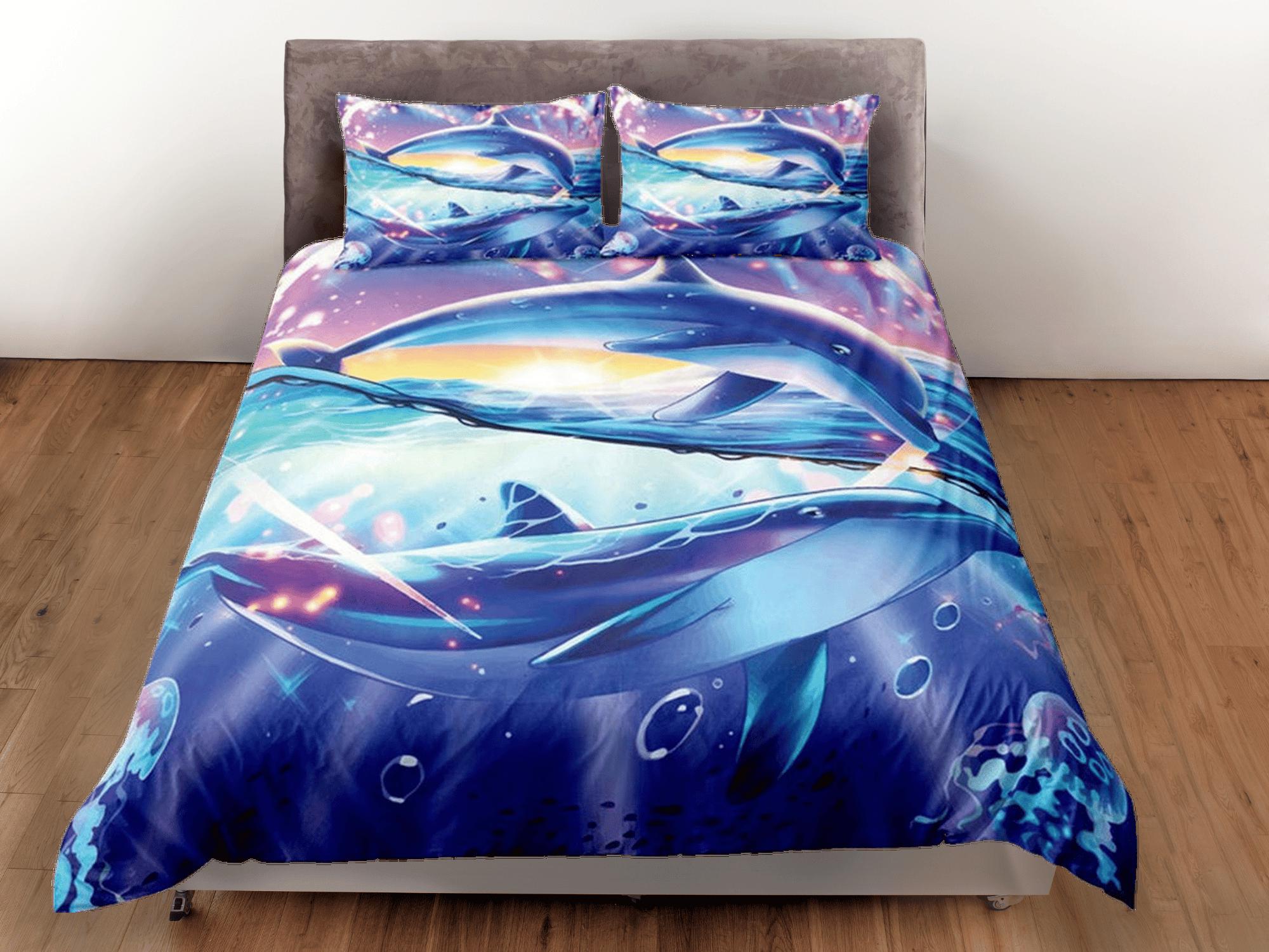 daintyduvet Big dolphin bedding purple duvet cover, ocean blush decor bottle nose dolphin bedding set full king queen twin, college dorm bedding gift