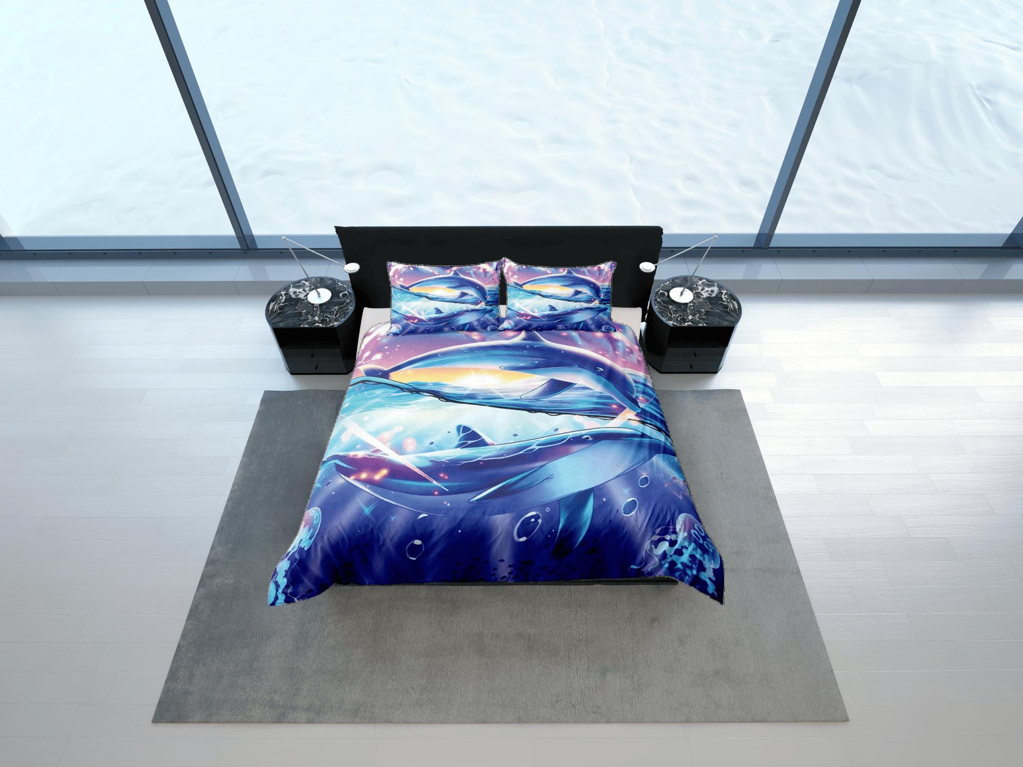 daintyduvet Big dolphin bedding purple duvet cover, ocean blush decor bottle nose dolphin bedding set full king queen twin, college dorm bedding gift