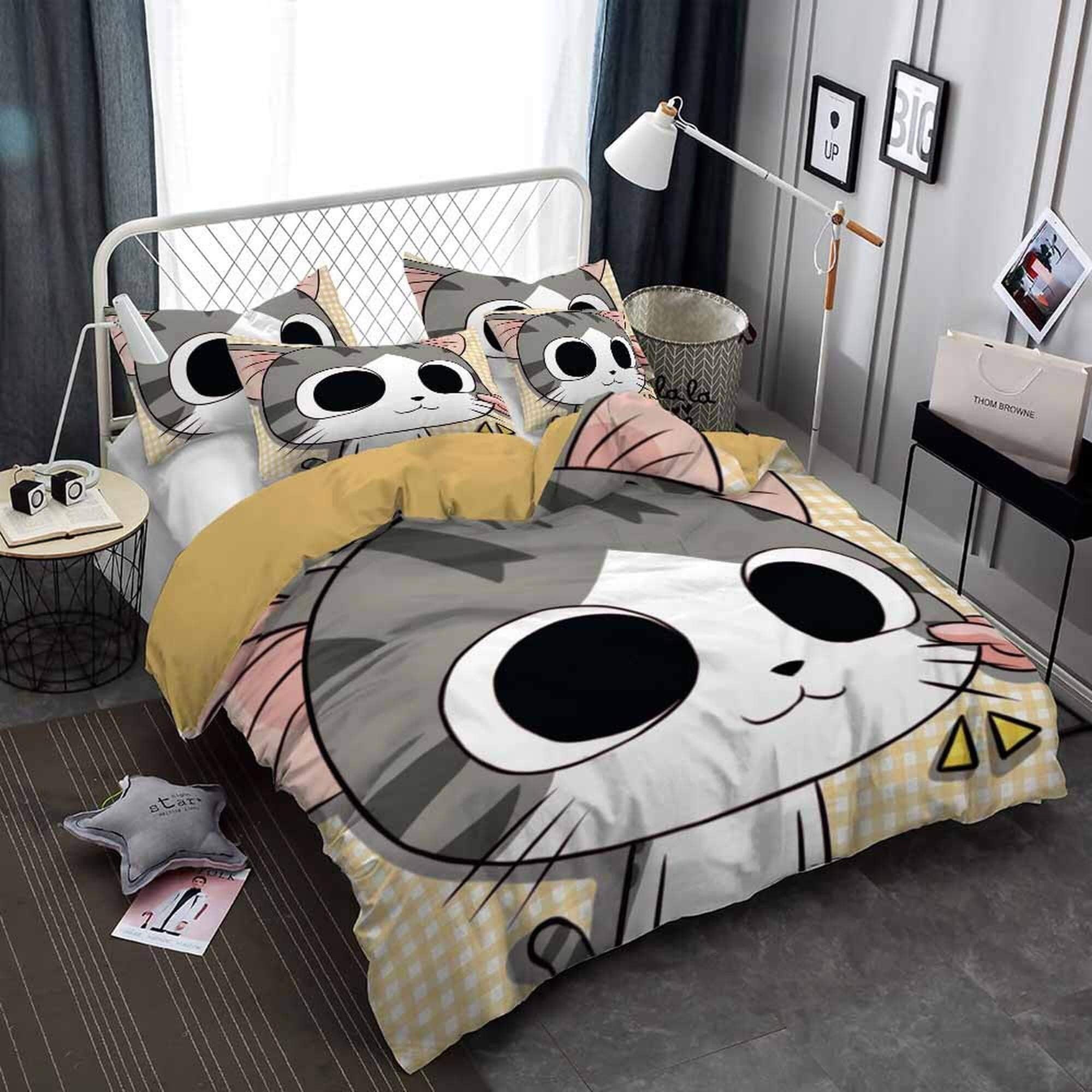 daintyduvet Big eyed cat bedding khaki, toddler bedding, kids duvet cover set, gift for cat lovers, baby bedding, baby shower gift, kawaii bedding