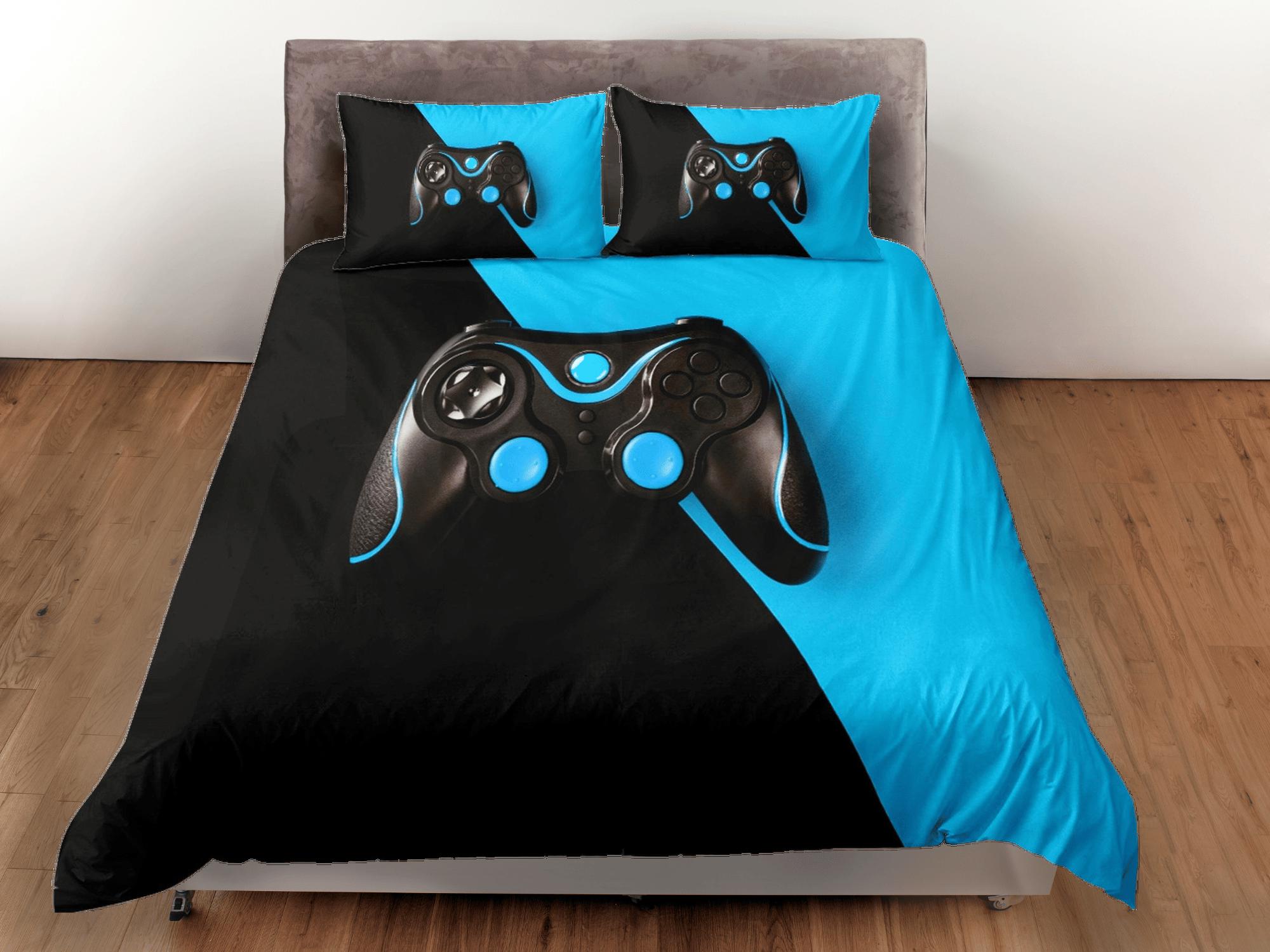 daintyduvet Black and blue gamer bedding duvet cover, video gamer boyfriend gift bedding set full king queen twin, boys bedroom, college dorm bedding