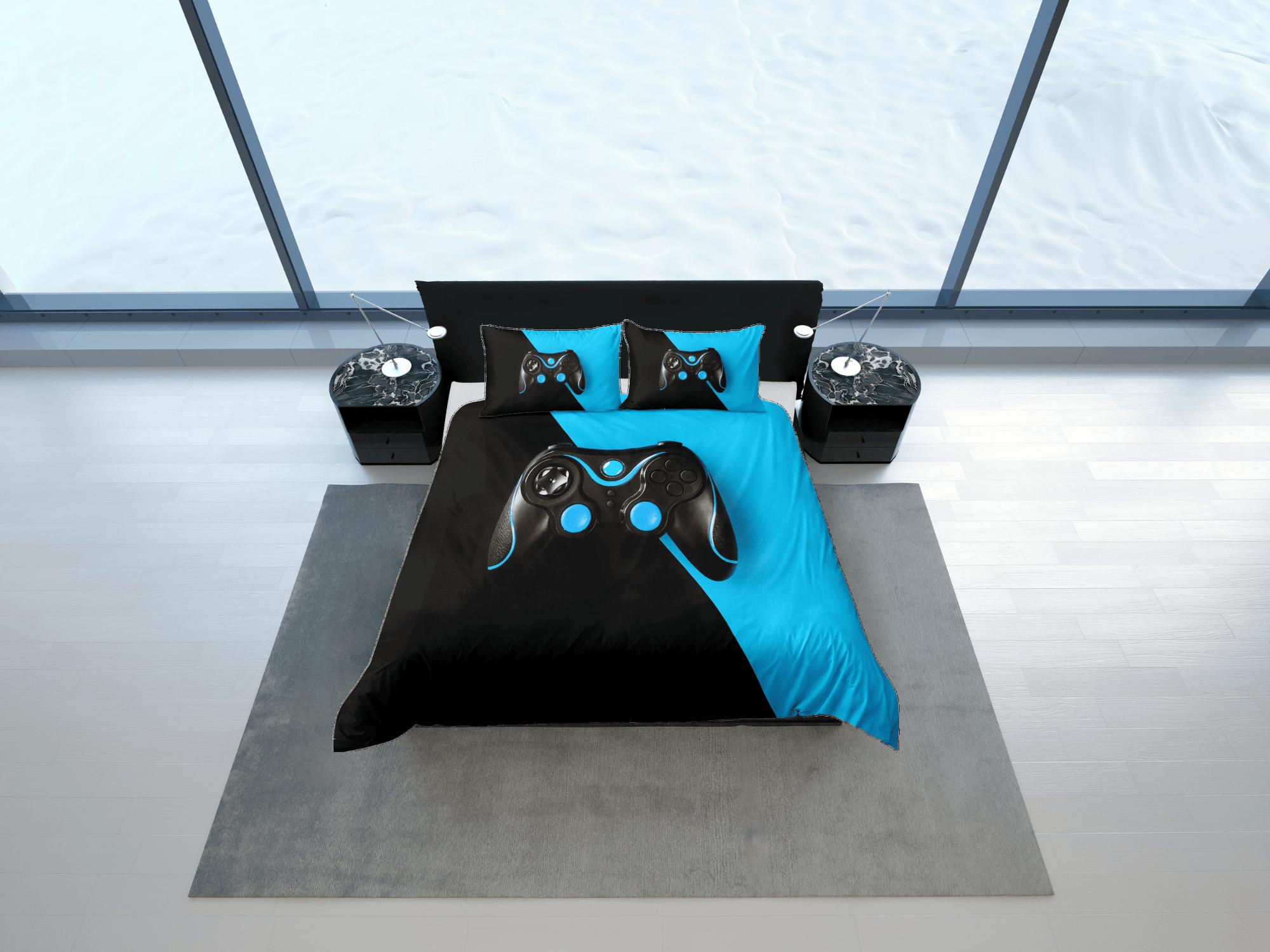 daintyduvet Black and blue gamer bedding duvet cover, video gamer boyfriend gift bedding set full king queen twin, boys bedroom, college dorm bedding