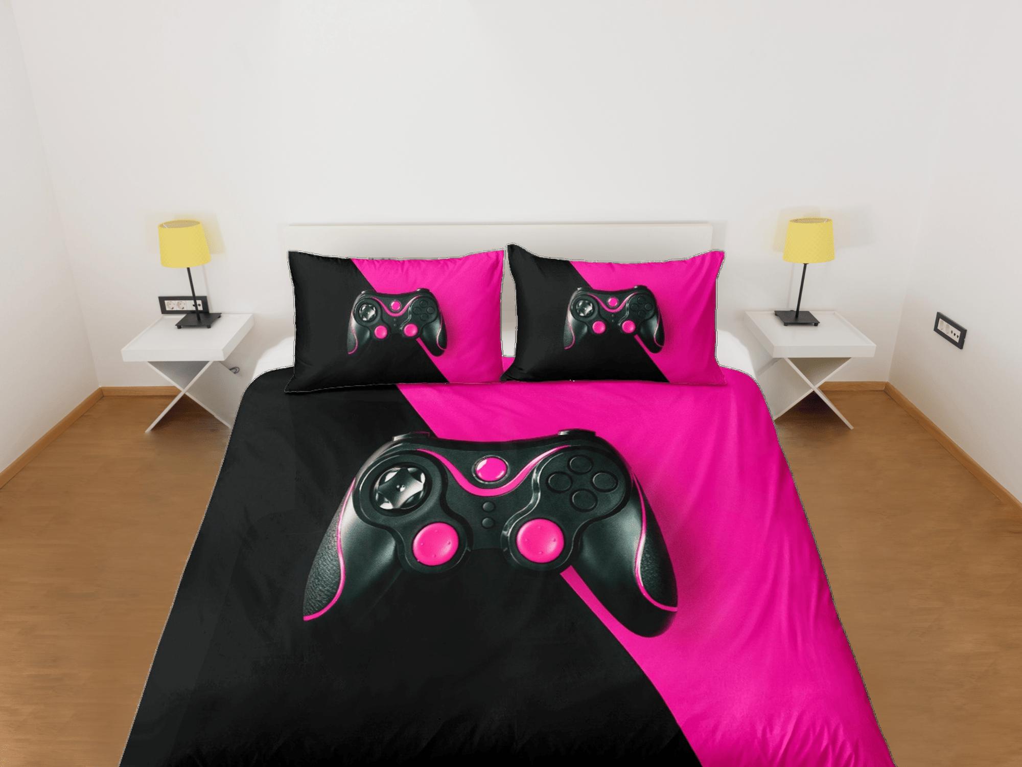 daintyduvet Black and pink gamer bedding duvet cover, video gamer girl gift bedding set full king queen twin, boys bedroom, college dorm bedding