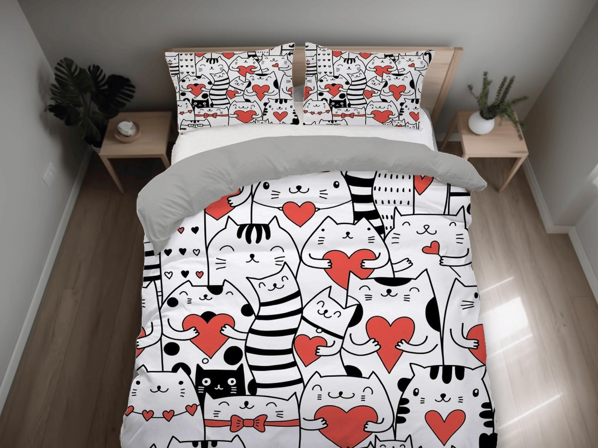 daintyduvet Black and white bedding cats with hearts, unisex toddler bedding, kids duvet cover set, gift for cat lovers, baby bedding, baby shower gift