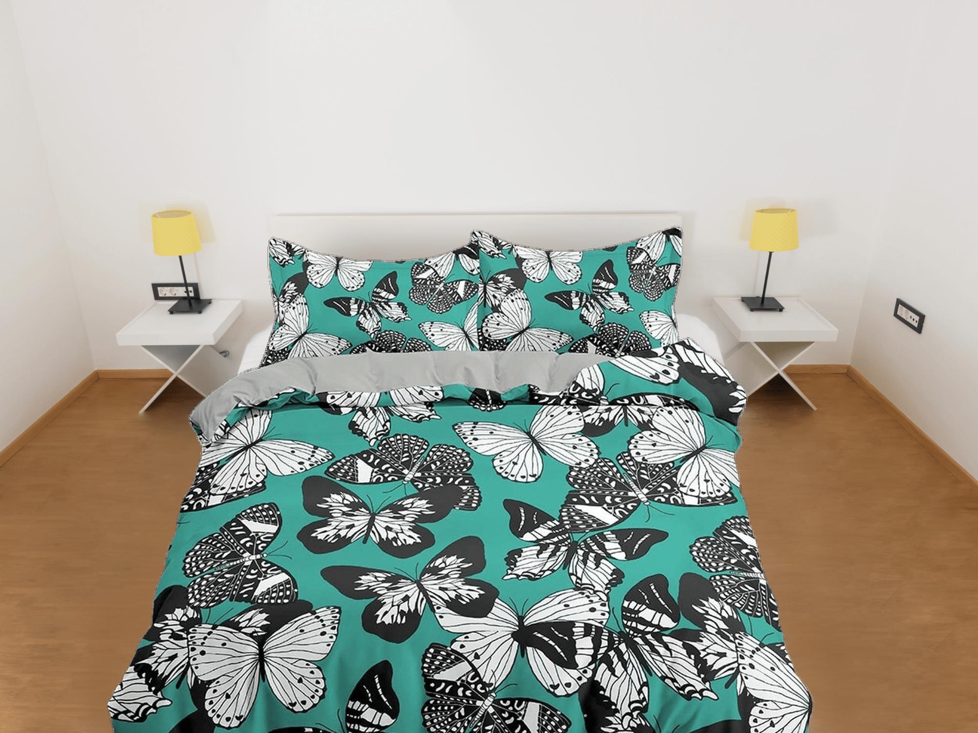 daintyduvet Black and white butterfly bedding teal green duvet cover dorm bedding, full size adult duvet king queen twin, nursery toddler bedding
