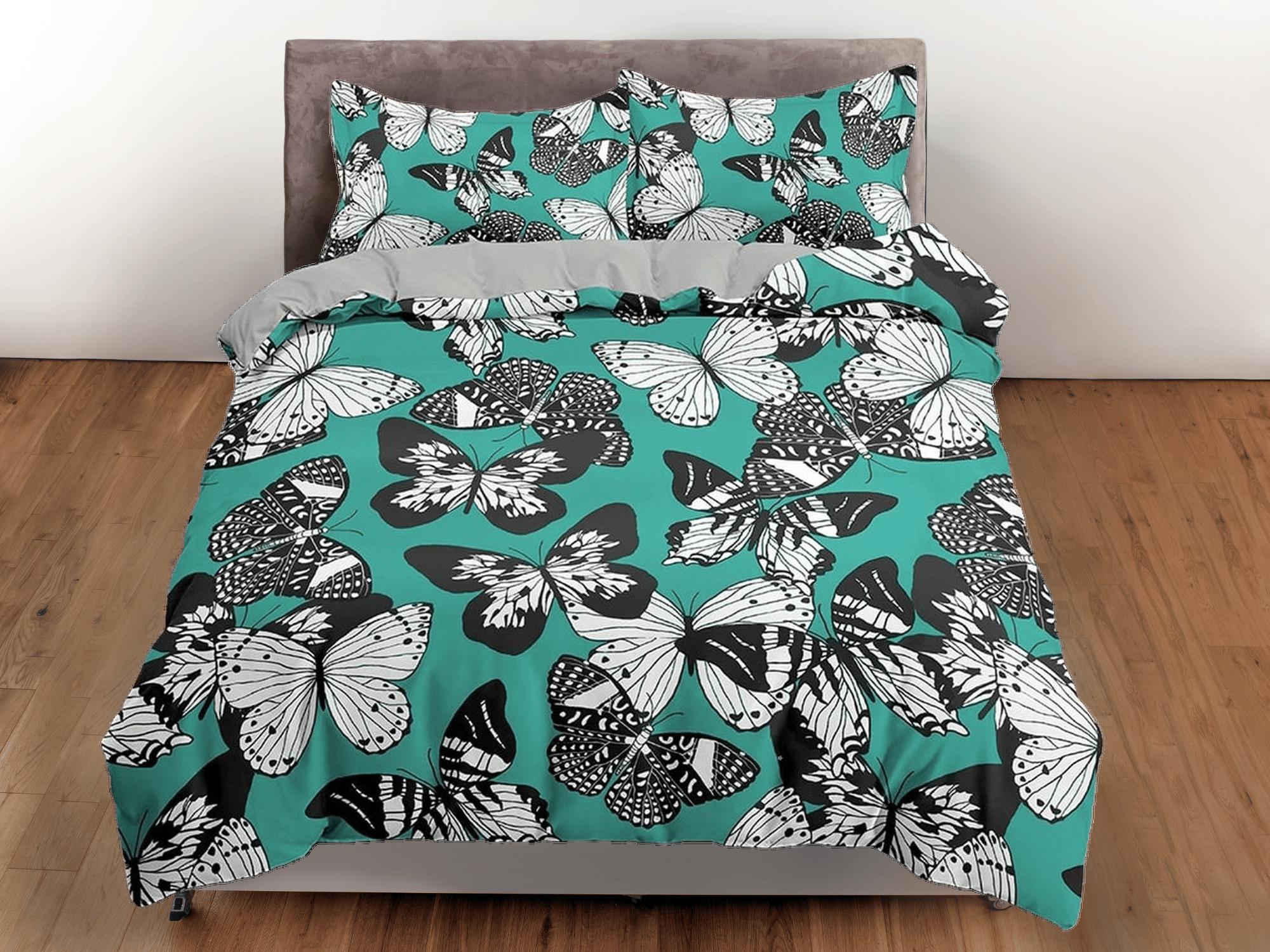 daintyduvet Black and white butterfly bedding teal green duvet cover dorm bedding, full size adult duvet king queen twin, nursery toddler bedding