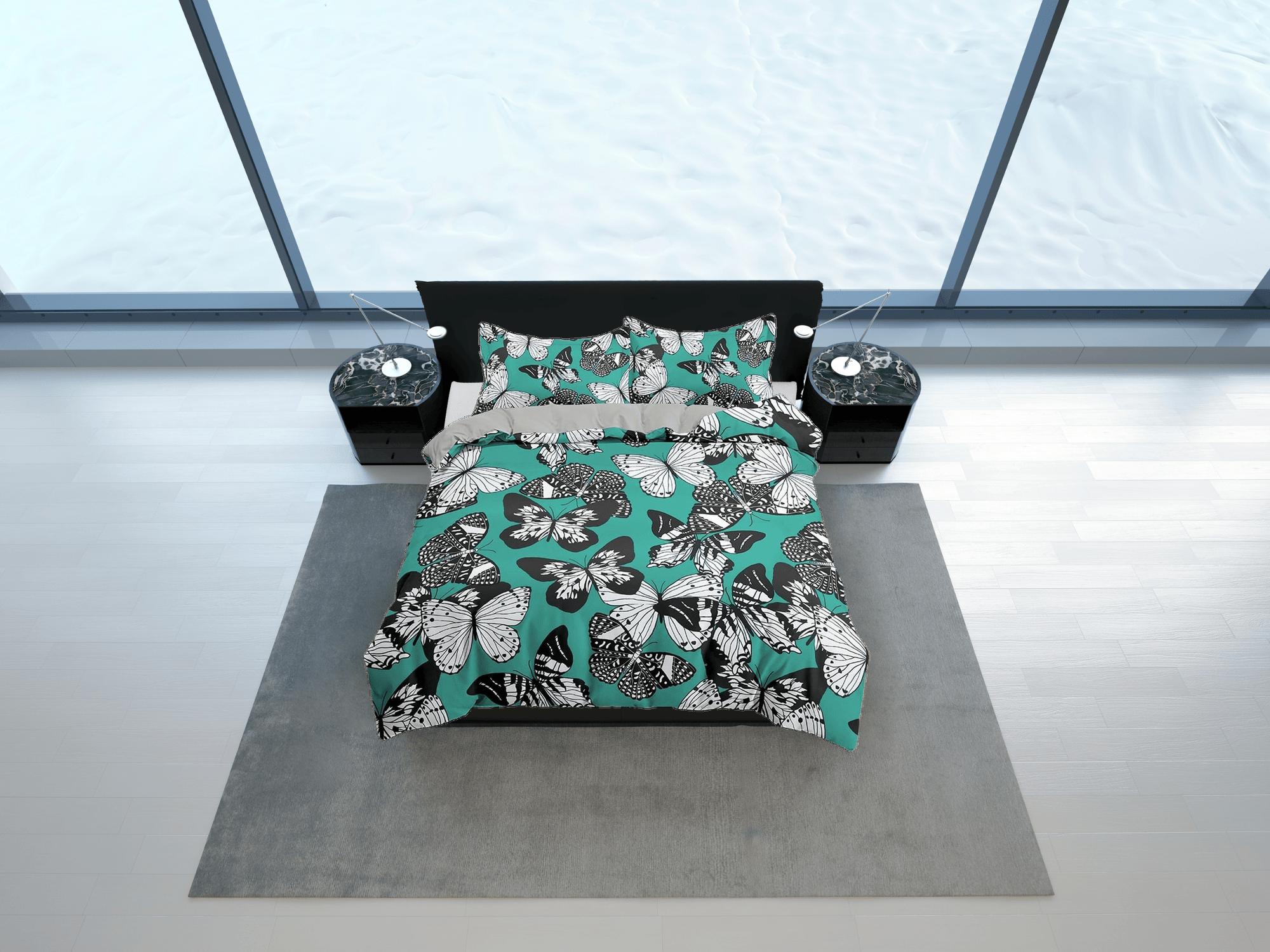 daintyduvet Black and white butterfly bedding teal green duvet cover dorm bedding, full size adult duvet king queen twin, nursery toddler bedding