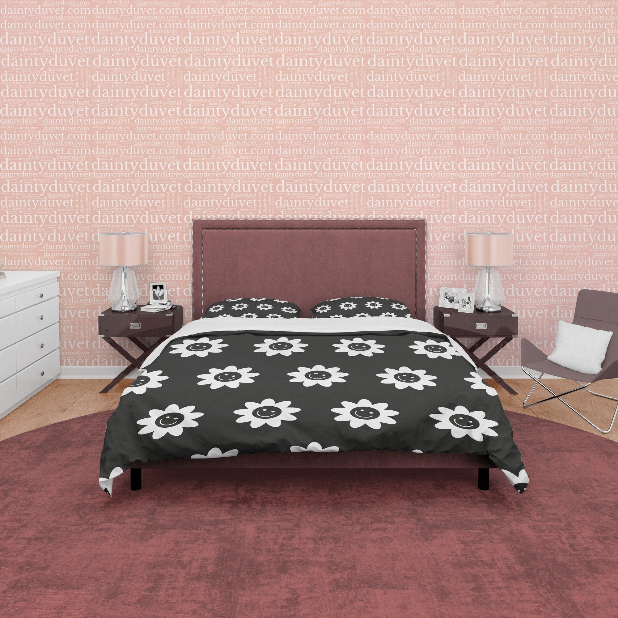 Black and White Cotton Duvet Cover Set Happy Flower Blanket Cover, Retro Printed Bedding Set, Groovy Bedspread, 90s Nostalgia Quilt Cover