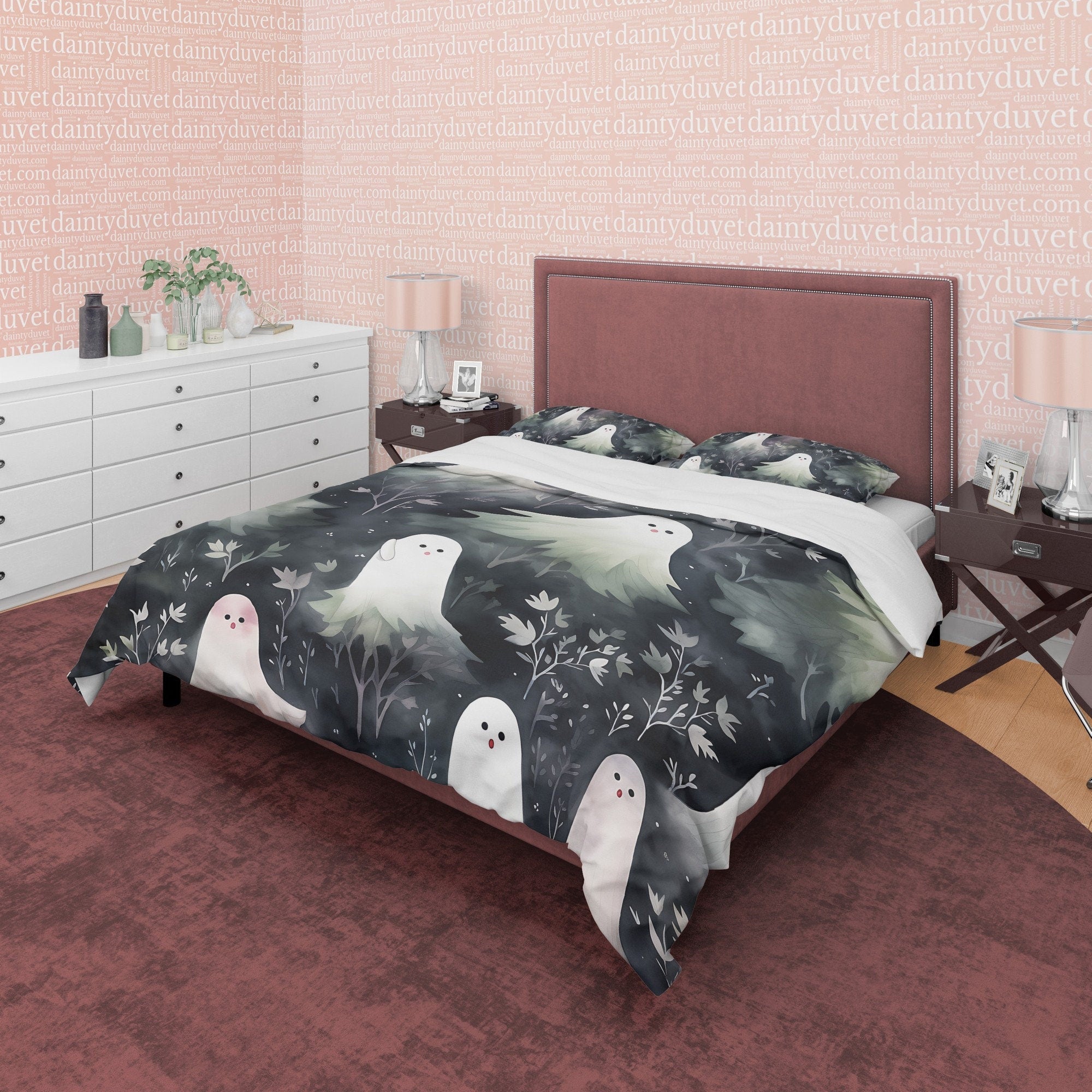 Black And White Ghost Duvet Cover Set, Creepy Quilt Cover Aesthetic Zipper Bedding, Haunted Forest Blanket Cover Halloween Room Decor